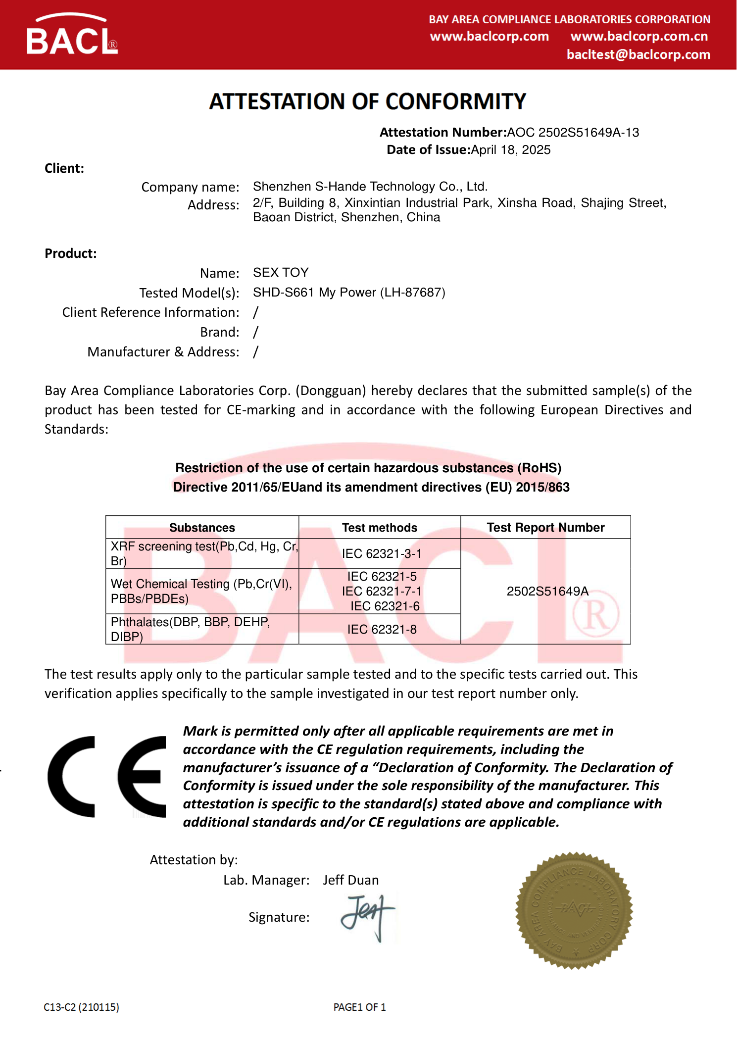 ATTESTATION OF CONFORMITY