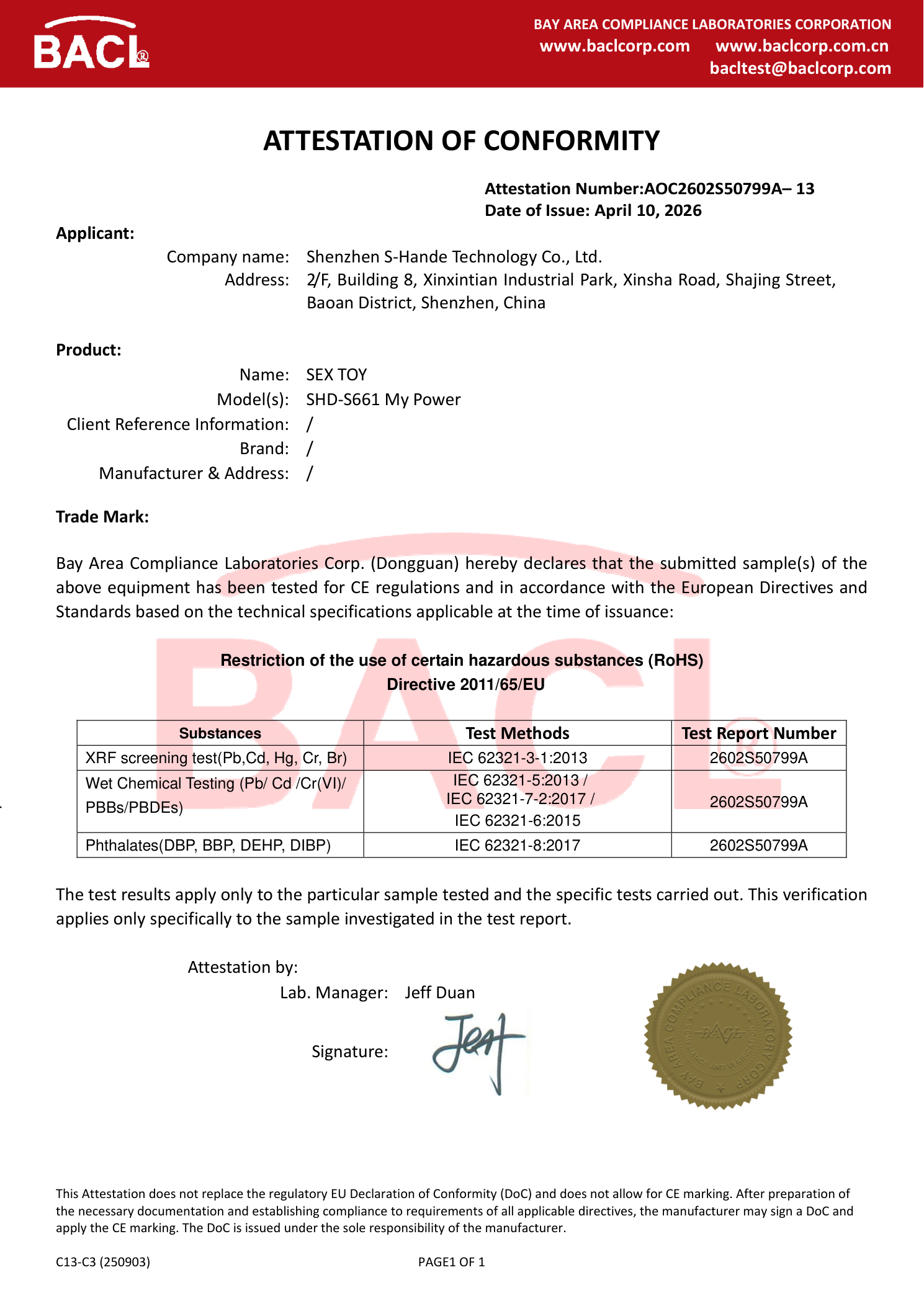 ATTESTATION OF CONFORMITY
