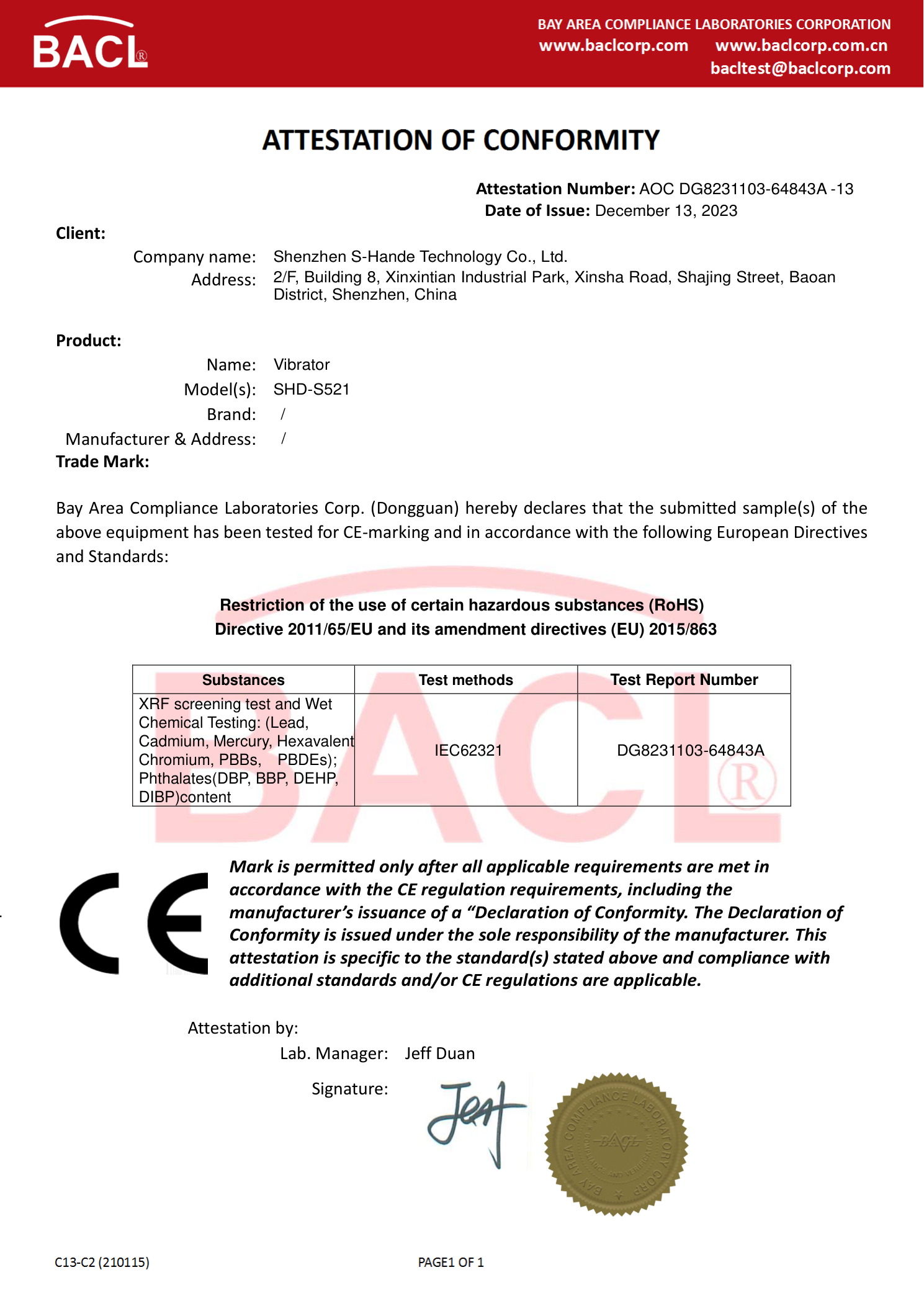 ATTESTATION OF CONFORMITY