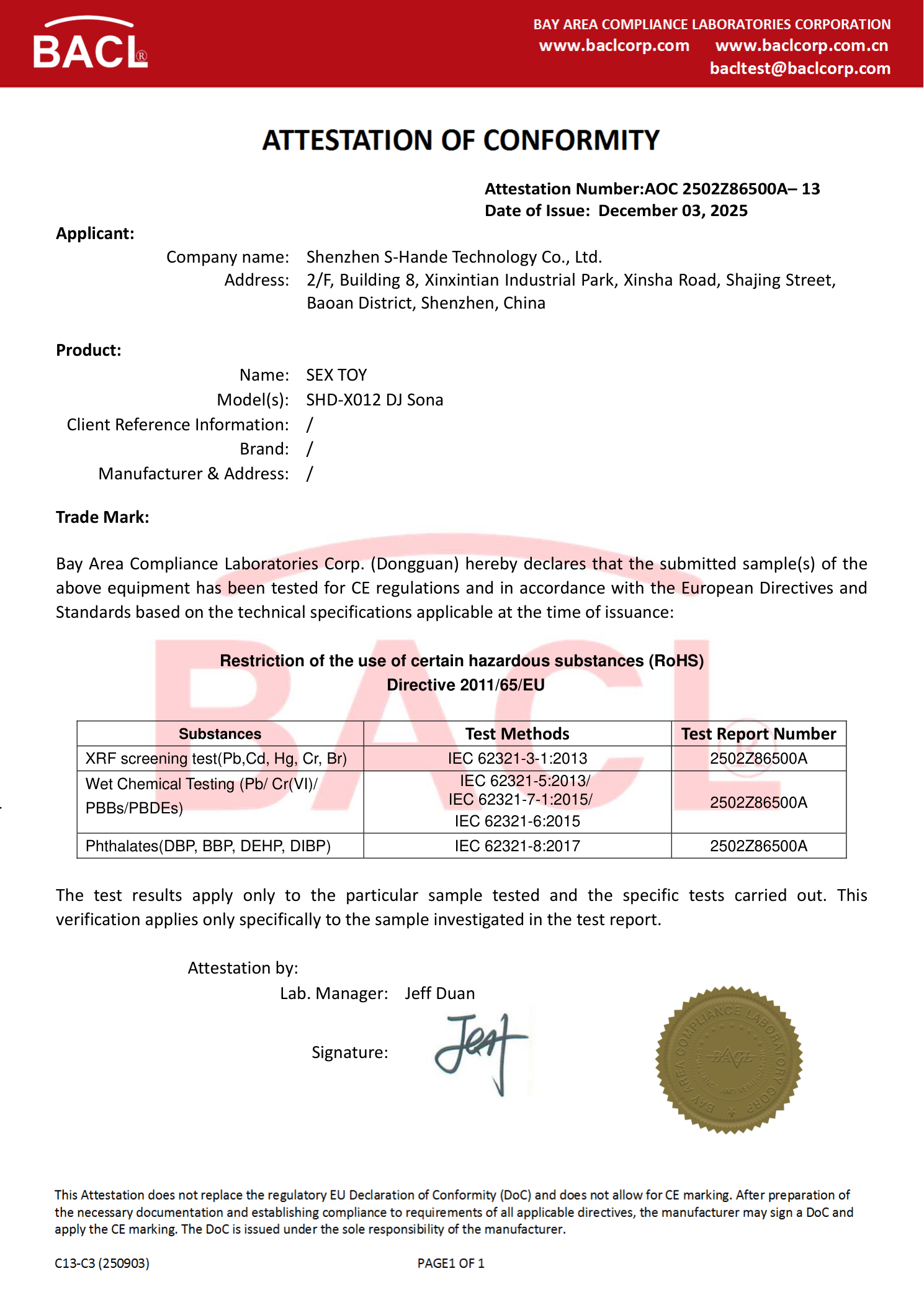 RoHS (Attestation of Conformity)