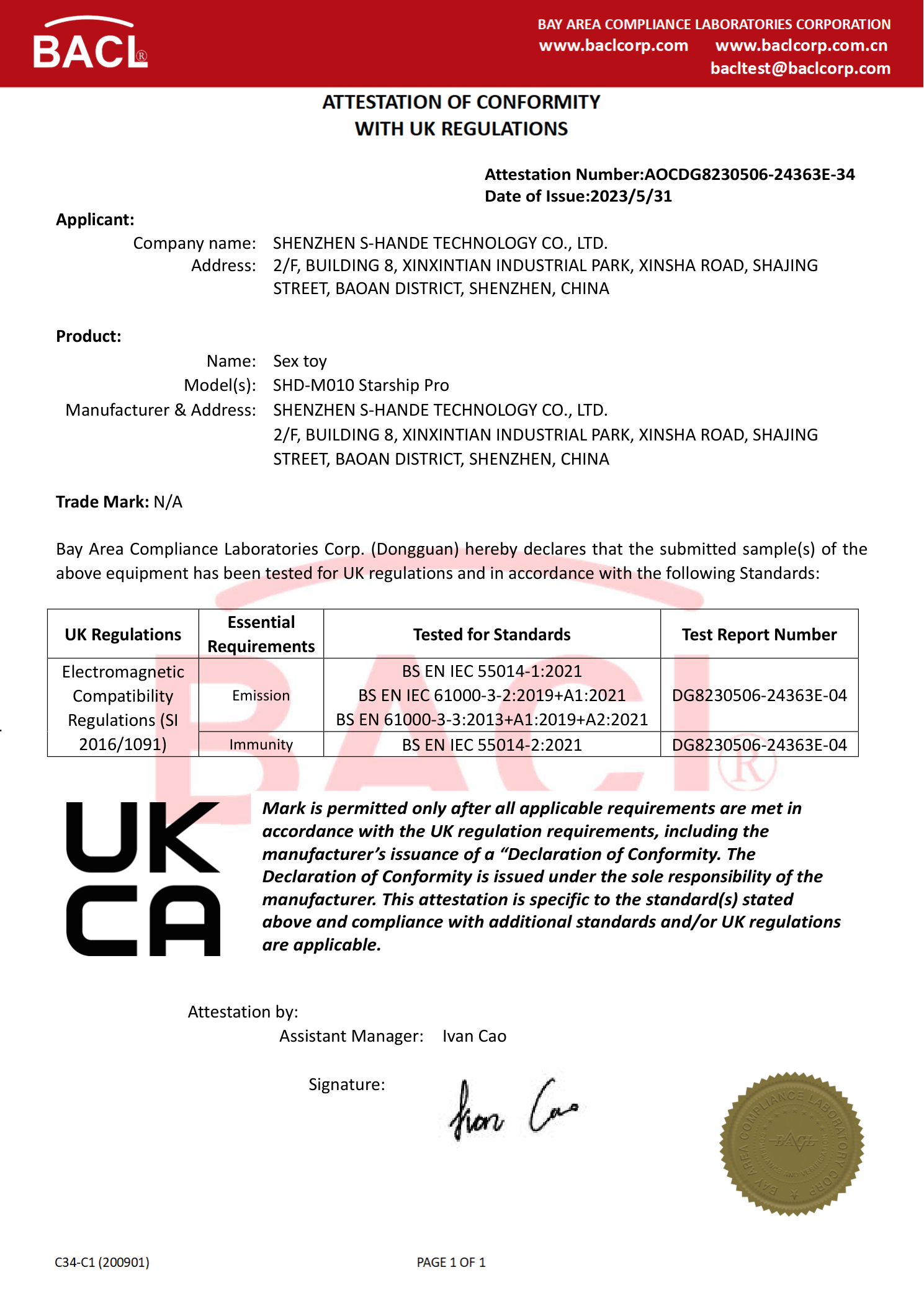 ATTESTATION OF CONFORMITY WITH UK REGULATIONS