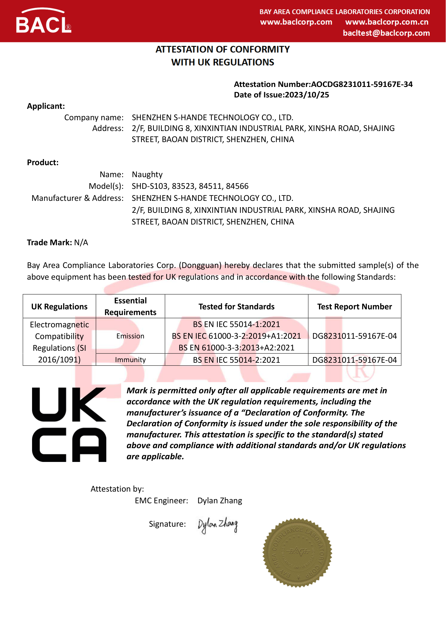ATTESTATION OF CONFORMITY WITH UK REGULATIONS
