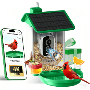 Smart bird feeder with camera in green ABS housing, 4K camera aimed at the seed tray