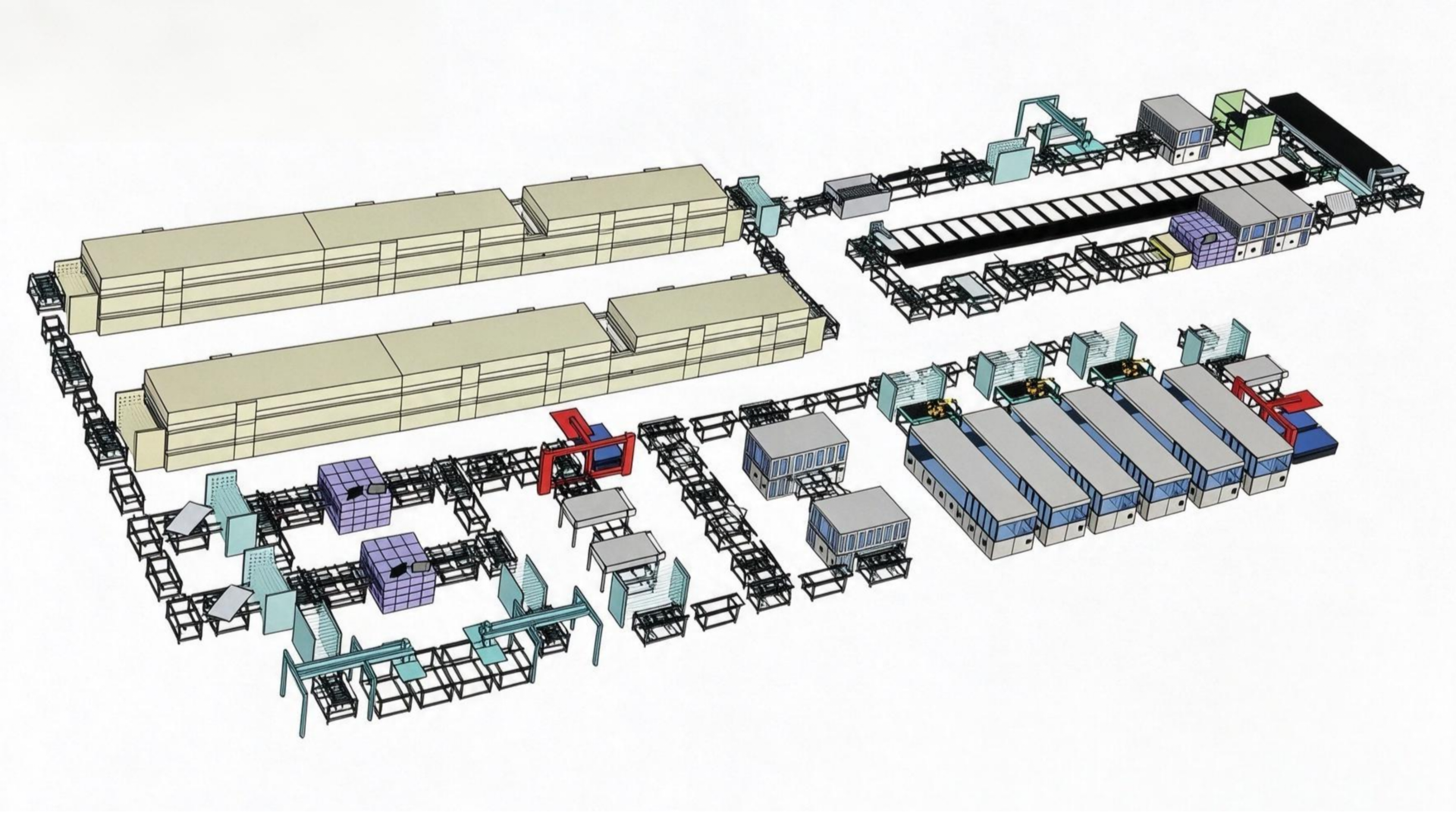 100MW to 200MW solar panel production line layout design showing process stations including EL inspection