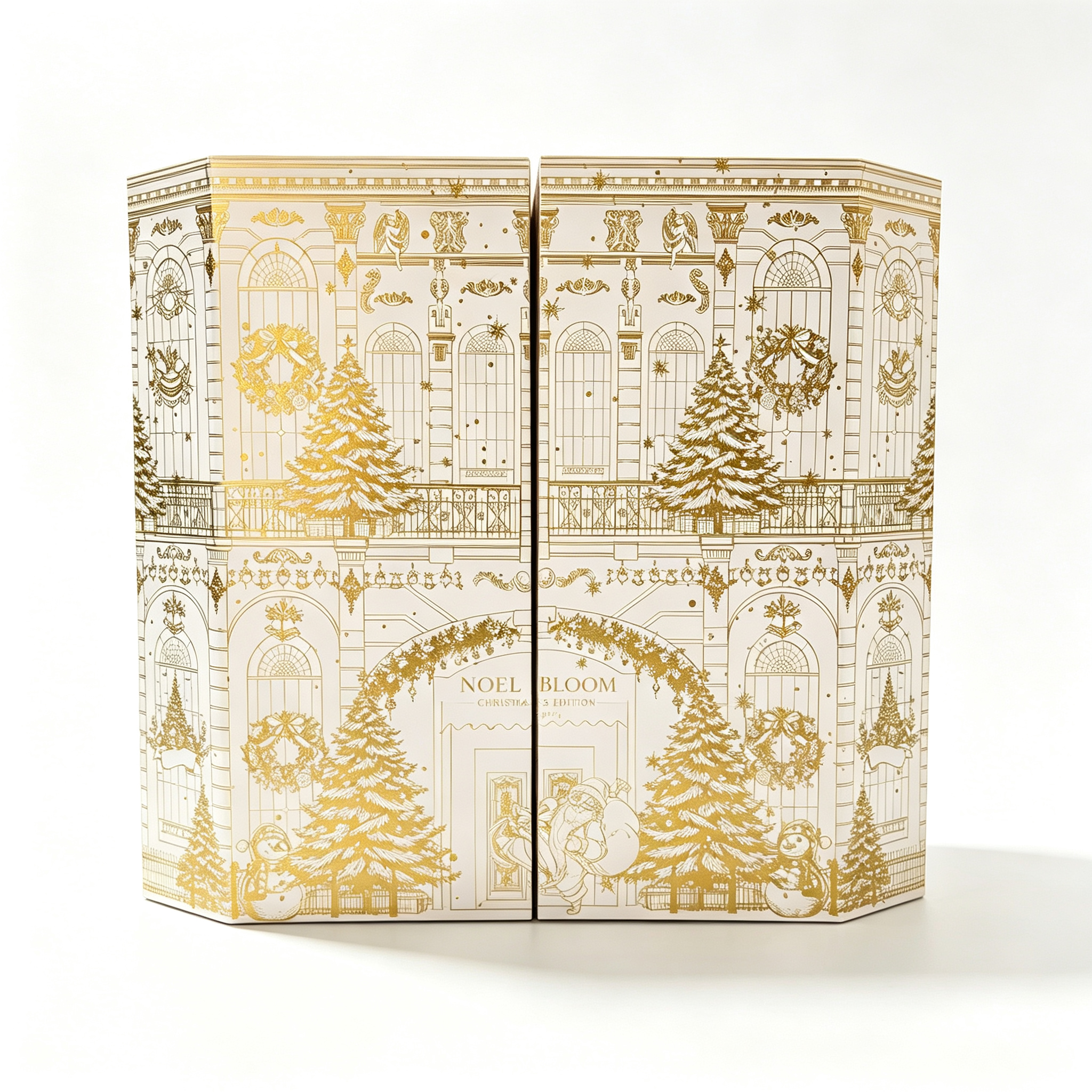 Special-shape double door rigid box with polygonal profile and double-door opening. Large internal capacity, ideal for limited-edition holiday cosmetic gift sets.
