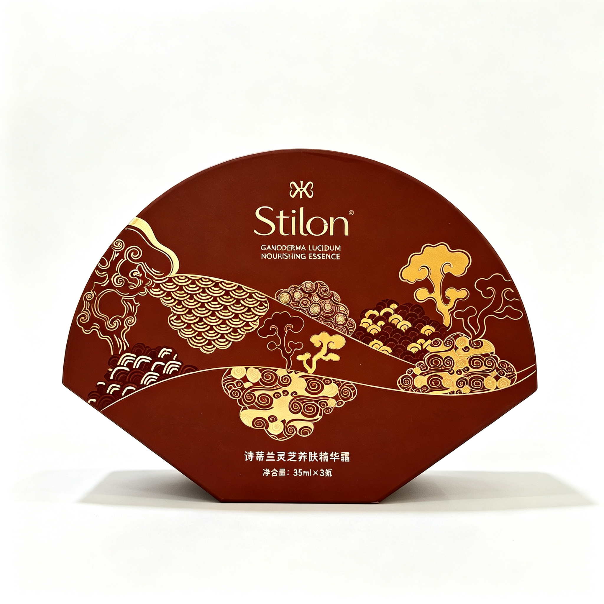 Fan-shaped special shape rigid box with integrated special profile. It holds multiple skincare bottles, unique in form and suitable for Chinese-style skincare sets.