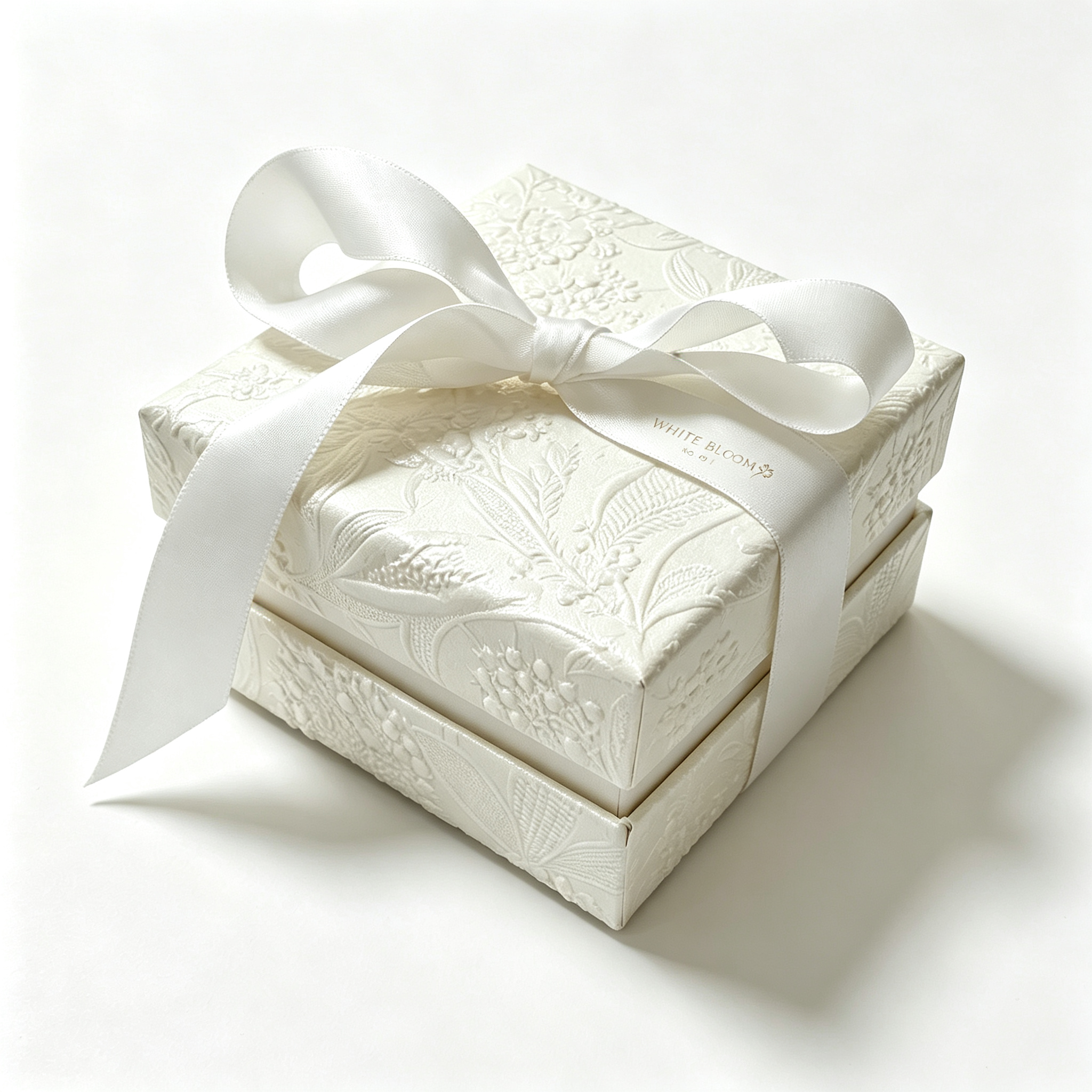 Ribbon bow lid & base rigid box. The box surface adopts embossed floral craft, decorated with white satin ribbon bow. Brand text can be printed on ribbon. Elegant and premium look, suitable for single skincare and fragrance gift boxes.