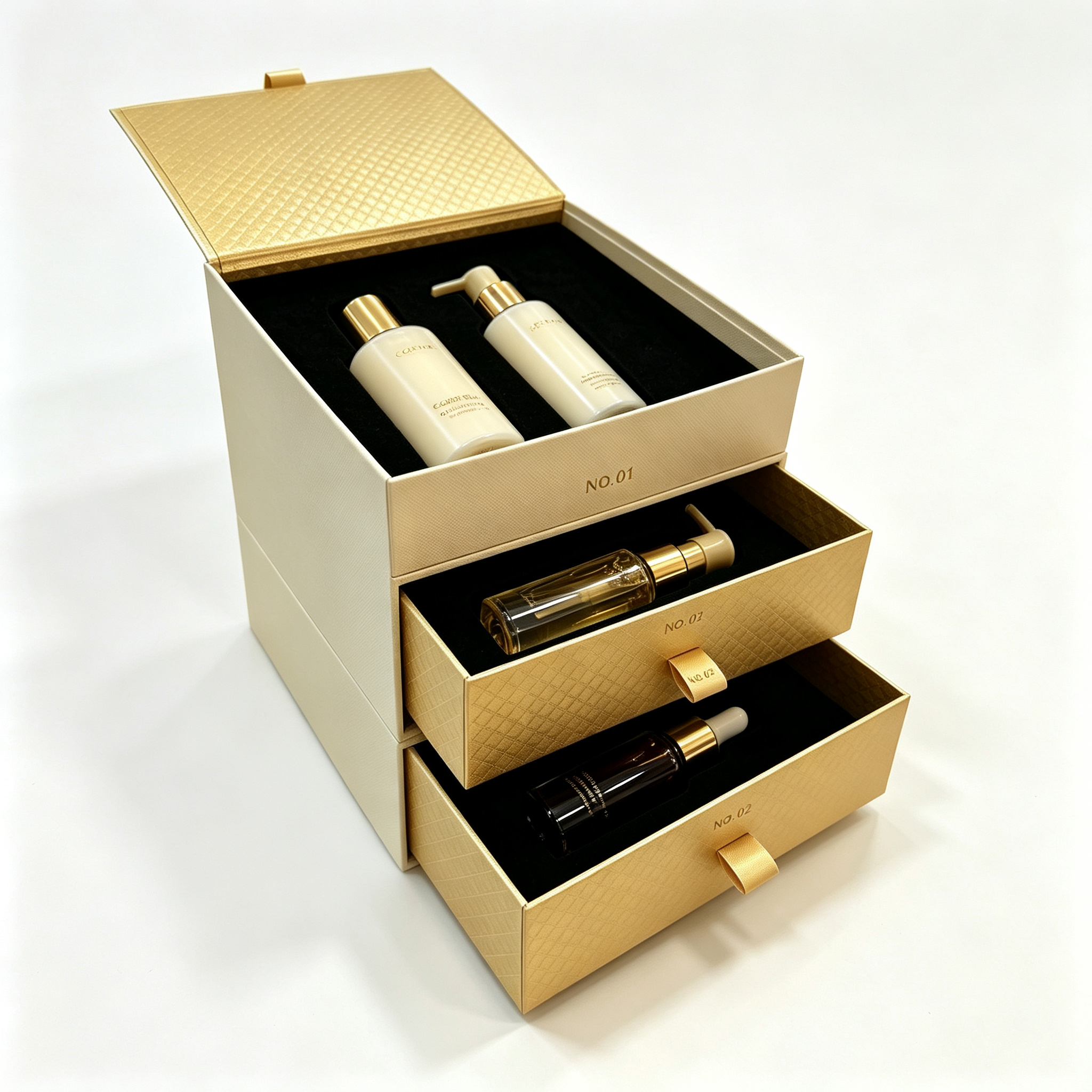 Vertical triple-drawer set box with flip lid on top and three separate drawers underneath. Each layer is fitted with black flocked insert to hold serums and wash products. Diamond embossed texture and gold ribbon pulls create luxury texture for premium skincare gift boxes.