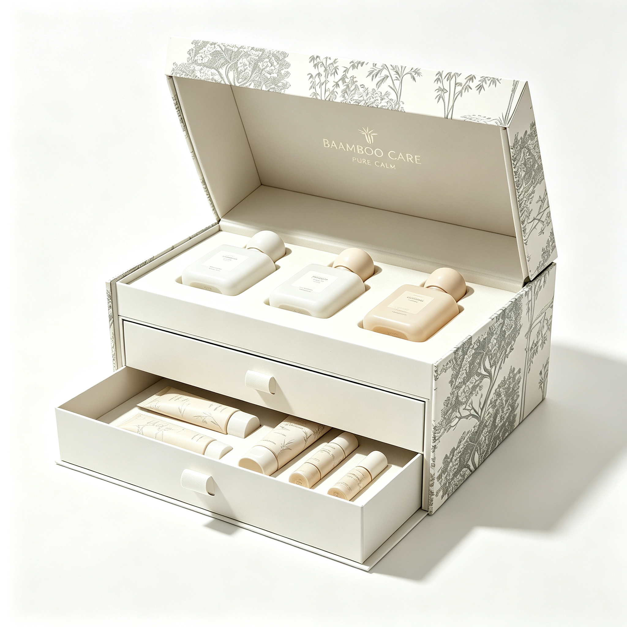 Combined gift box with hinged lid and double drawers. The upper hinged compartment plus two drawers provides multi-area storage for body care products. Flexible combined structure with simple and generous appearance.
