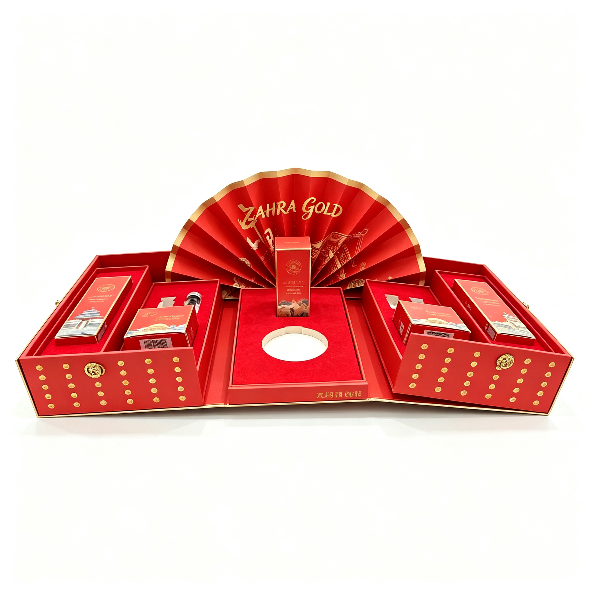 Double-opening fan display rigid gift box with multiple inner cavities for separate placement of various products. Equipped with 3D fan decoration at the back, large inner space for multi-piece cosmetic sets.