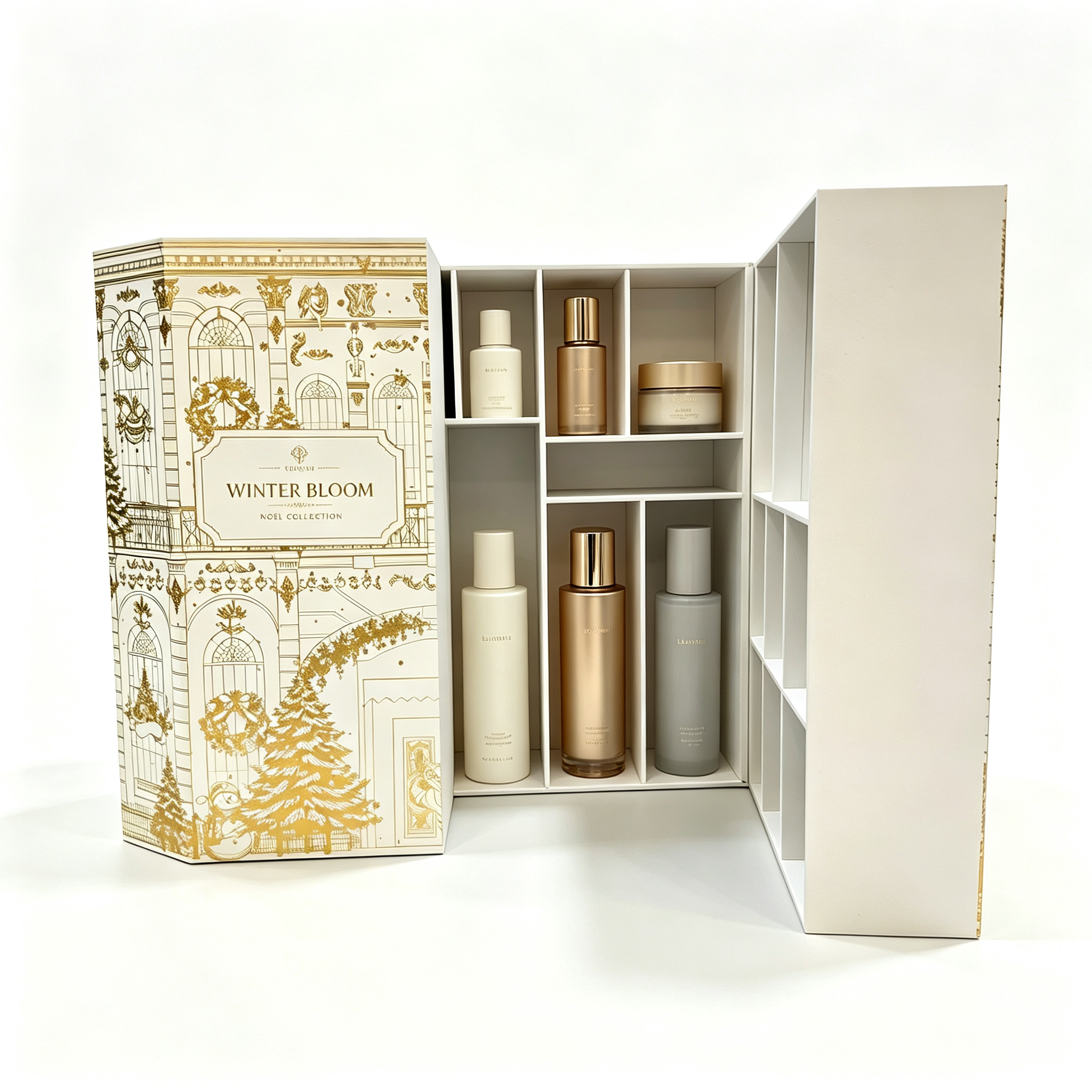 Double-door skincare gift rigid box. Symmetrical double-opening structure with multiple divided compartments inside for lotions and creams. Exterior decorated with large-area hot stamping patterns. Strong unboxing ritual sense, suitable for luxury skincare sets.