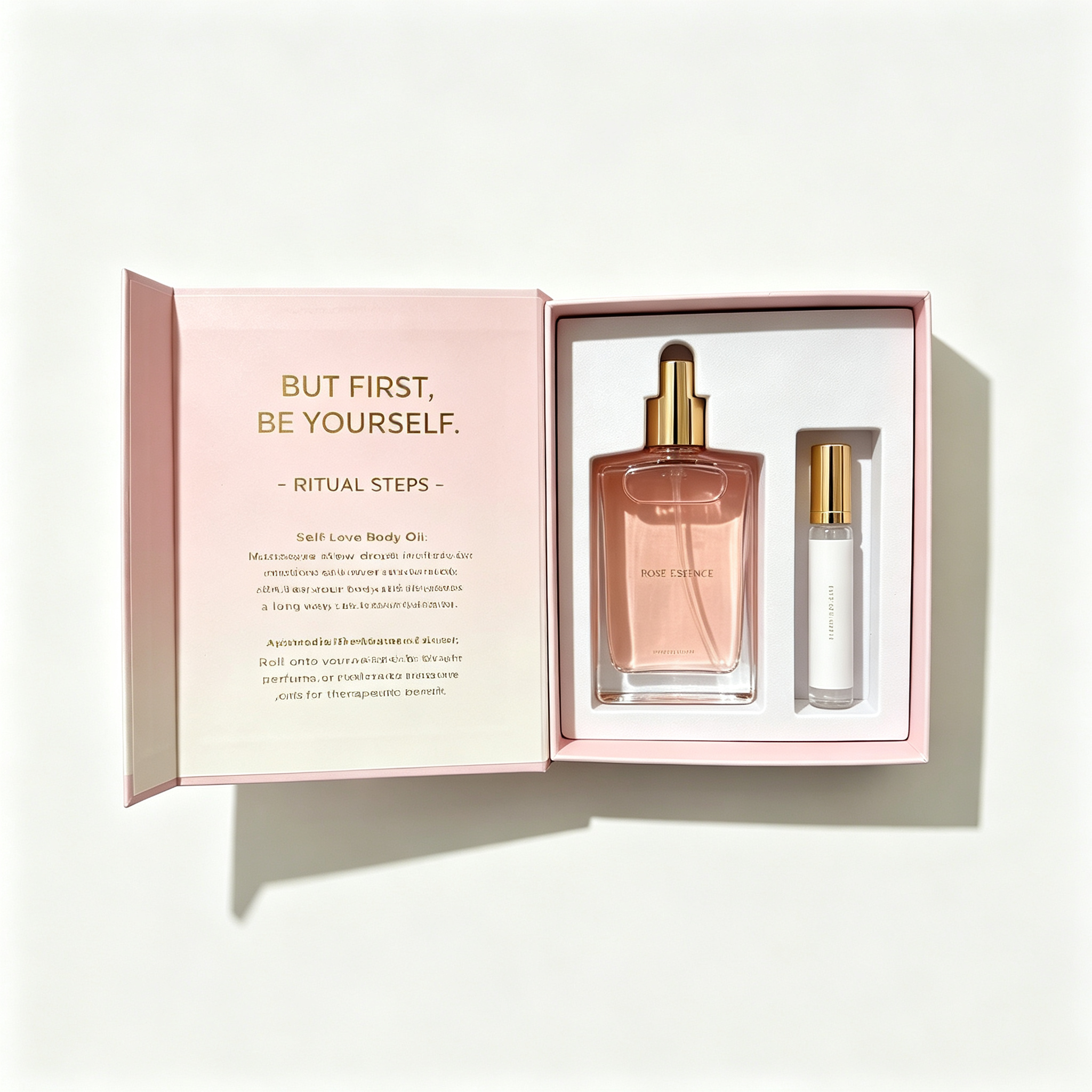 Minimal pink magnetic book-shaped fragrance gift box. Gold hot-stamped text inside the lid. White flocked insert fits perfume bottle and portable roller sample. Soft and fresh design for fragrance gift sets.