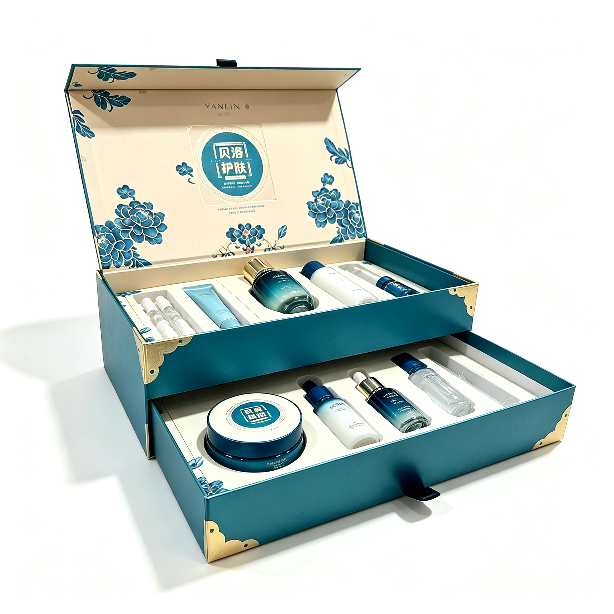 Double-layer drawer skincare gift box. It has two separate storage layers with custom cavity inserts to hold multiple skincare products, offering large capacity and solid structure.