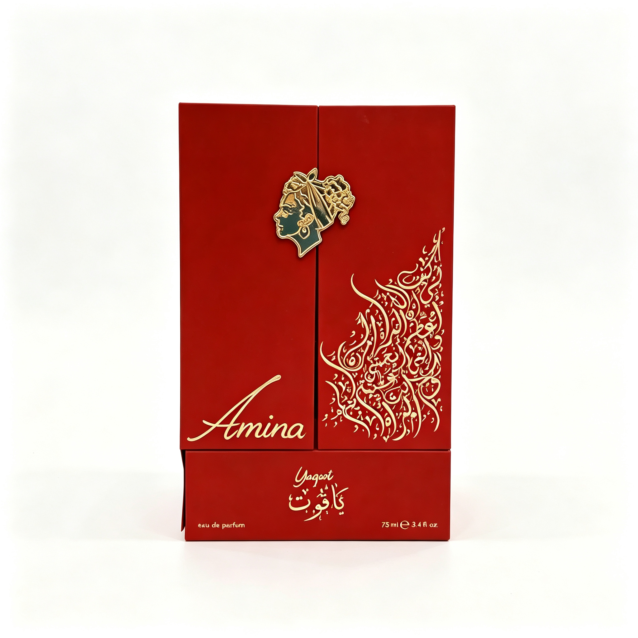 Vertical double-door perfume rigid box. Vertical double-opening design fitted with metal ornament and hot stamping graphics. Clean and elegant box body for single luxury perfume packaging.