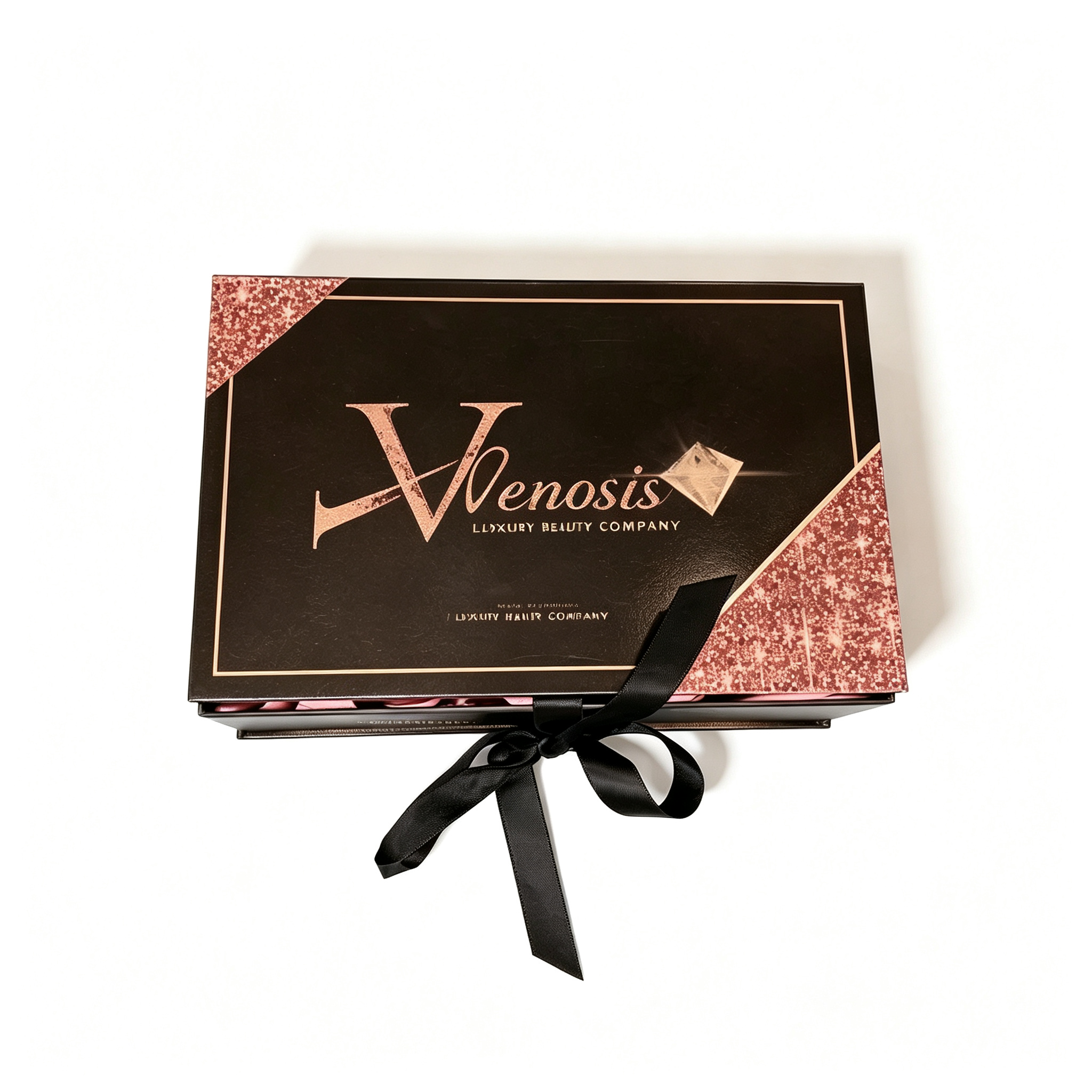 Ribbon bow flip-lid gift box. Box corners decorated with glitter material. Black satin ribbon tied into bow on front panel, rose gold hot-stamped brand lettering on box. Gorgeous style for cosmetic set gift boxes.