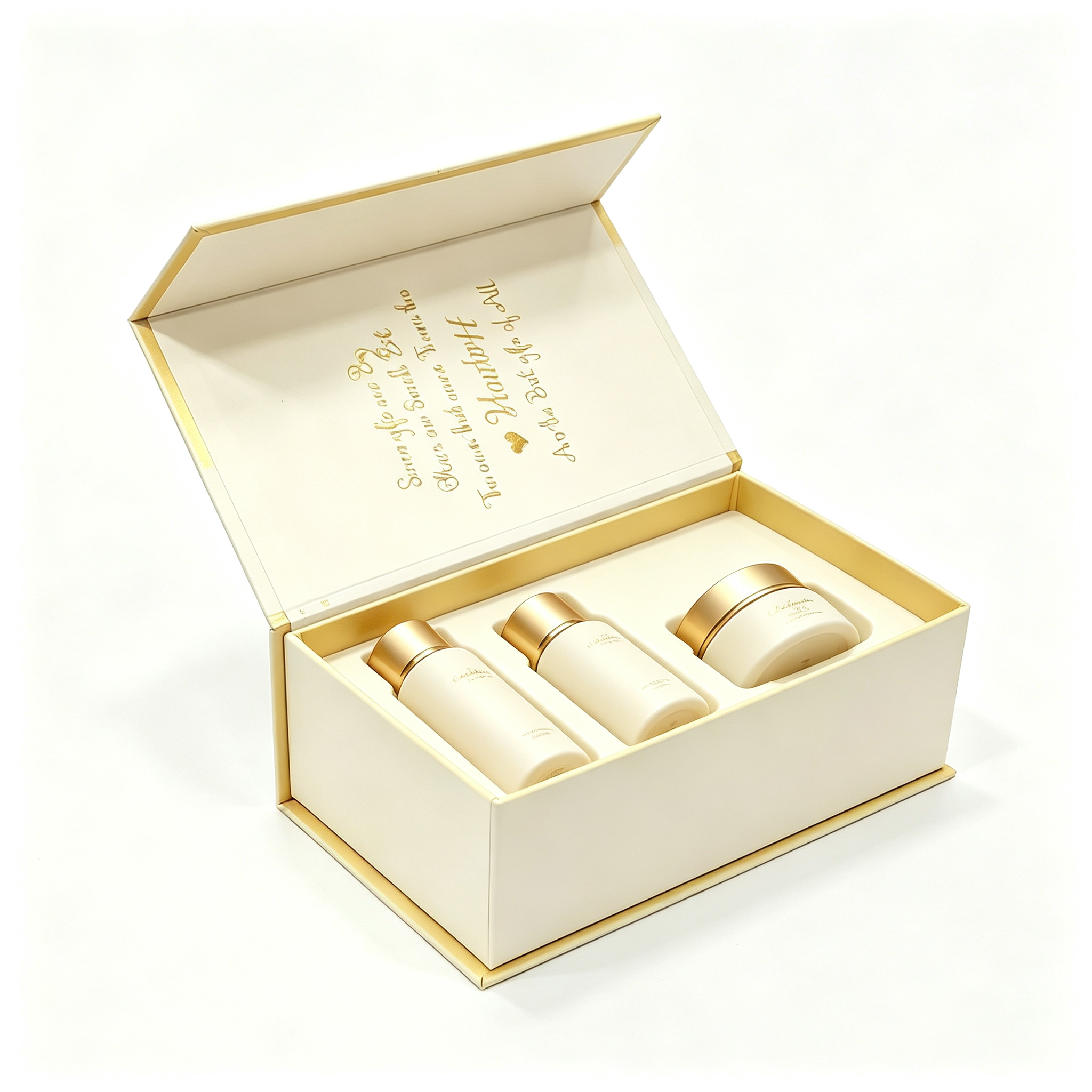 Hinged lid rigid box with gold edge trimming. Multi-cavity insert holds multiple skincare products. Hinged opening, perfect for multi-piece skincare gift sets.