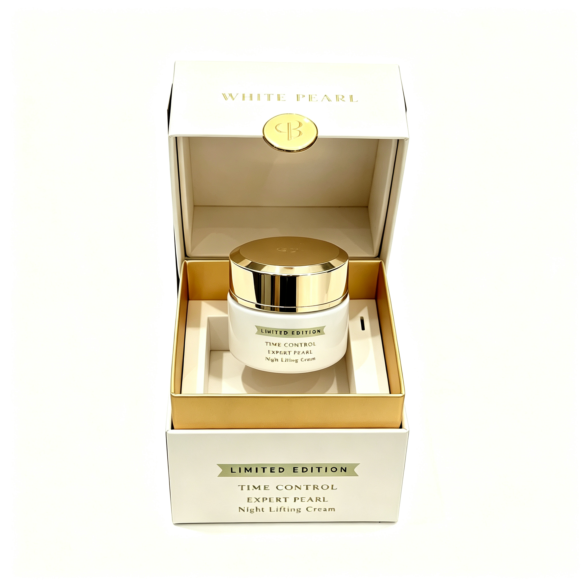 Layered hinged lid rigid box with round clasp. Inner compartment is designed for cream jar. Stereoscopic box structure, suitable for premium single skincare product packaging.