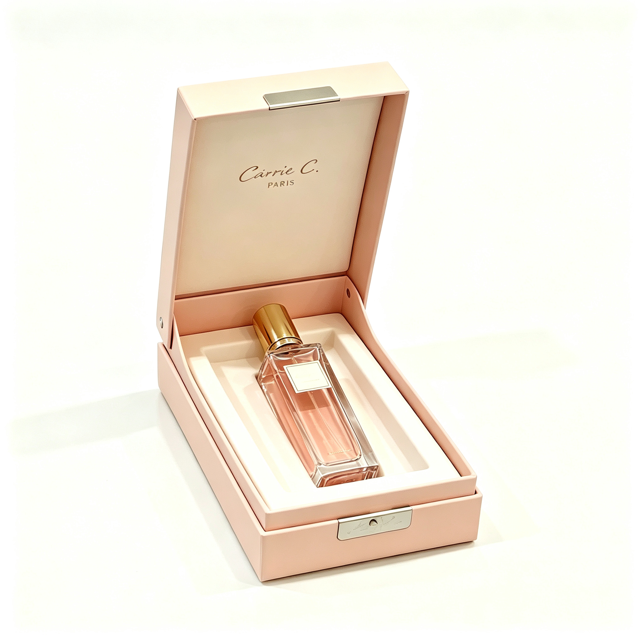Hinged lid rigid box with metal clasp. Custom insert holds a single perfume bottle securely. Hinged opening with exquisite structure, ideal for high-end single perfume gift box.