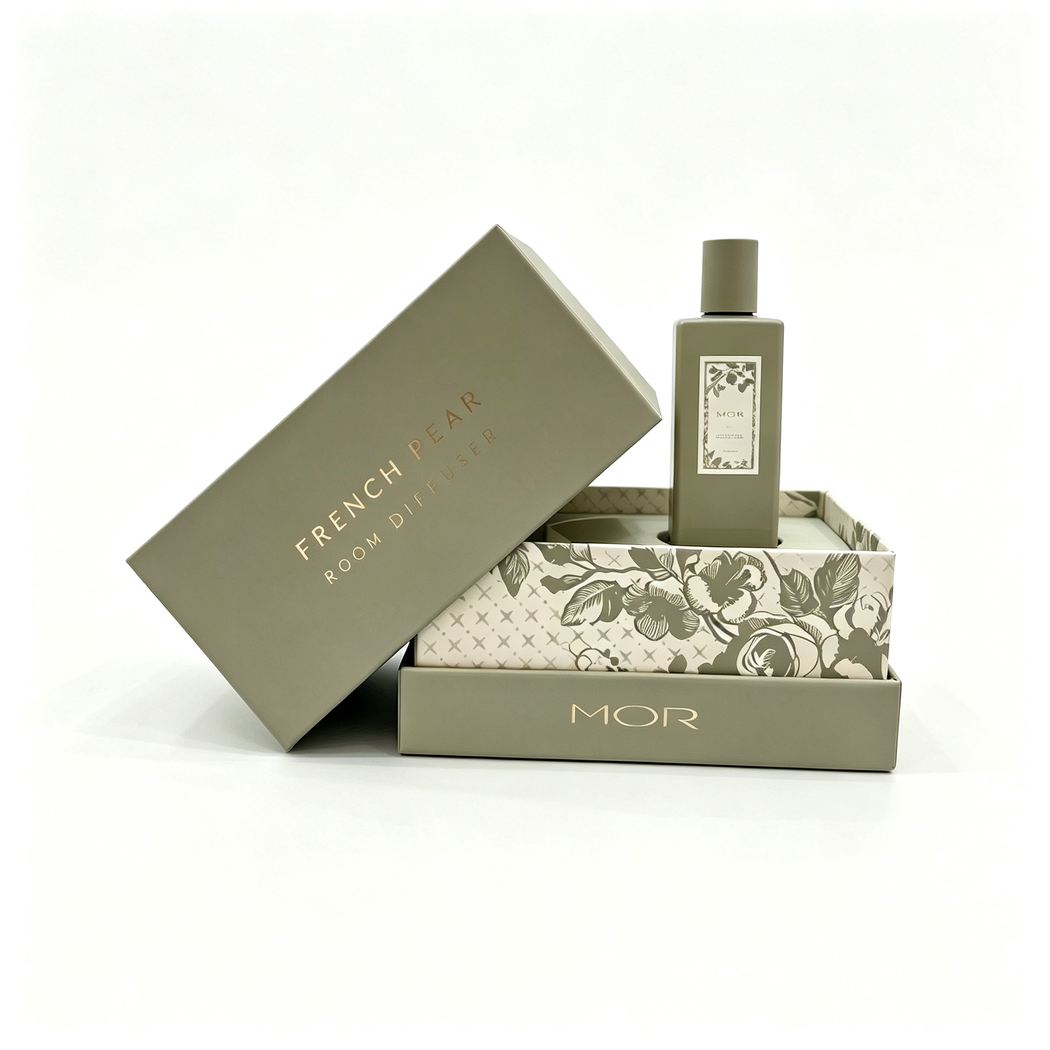 Morandi sage-green two-piece rigid box for reed diffusers. Minimal hot-stamped text on the exterior and floral printed lining inside. Soft and premium style for light luxury fragrance sets.
