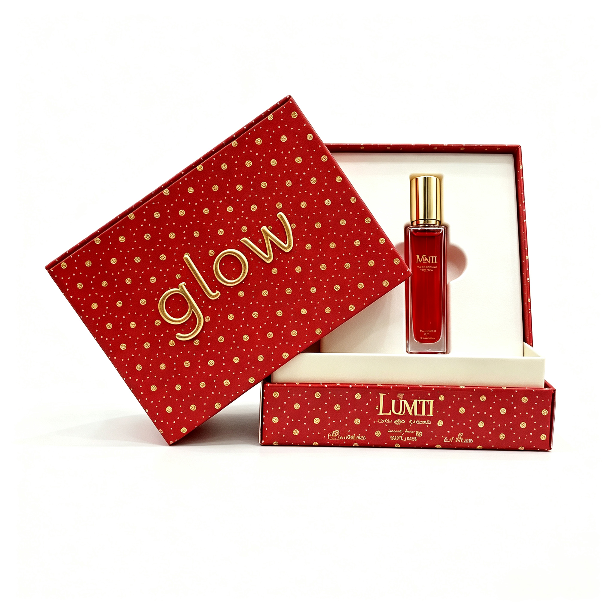 Red polka-dot two-piece rigid perfume gift box with 3D hot-stamped brand lettering. A white flocked insert secures the perfume bottle. Bright and festive, great for seasonal fragrance gift packaging.