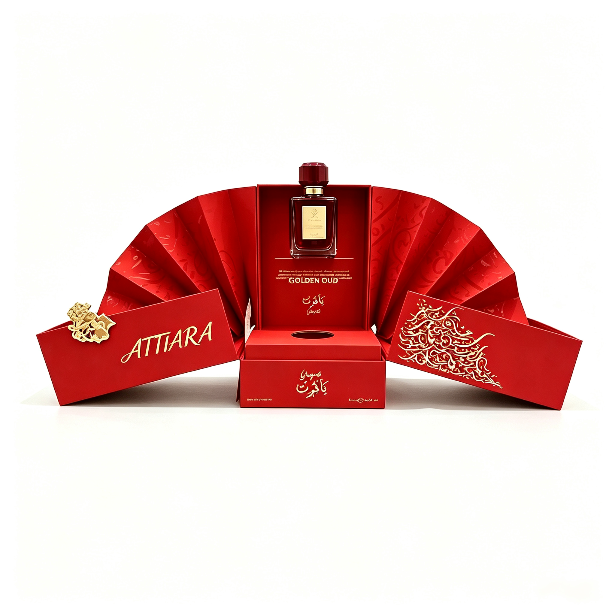 Fan unfolding rigid box with double folded fan panels. The perfume bottle is placed in the center. The box supports gold hot stamping decoration, presenting grand appearance for premium single fragrance packaging.