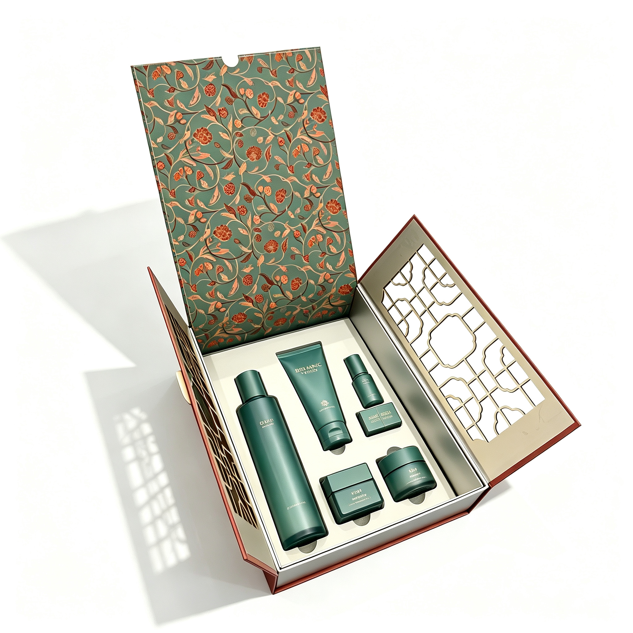 Double-opening book-shaped skincare gift box. The inner lid is printed with vintage floral patterns, with Chinese hollow lattice decoration on the side. Custom insert holds multiple skincare products, featuring elegant oriental style for premium skincare sets.