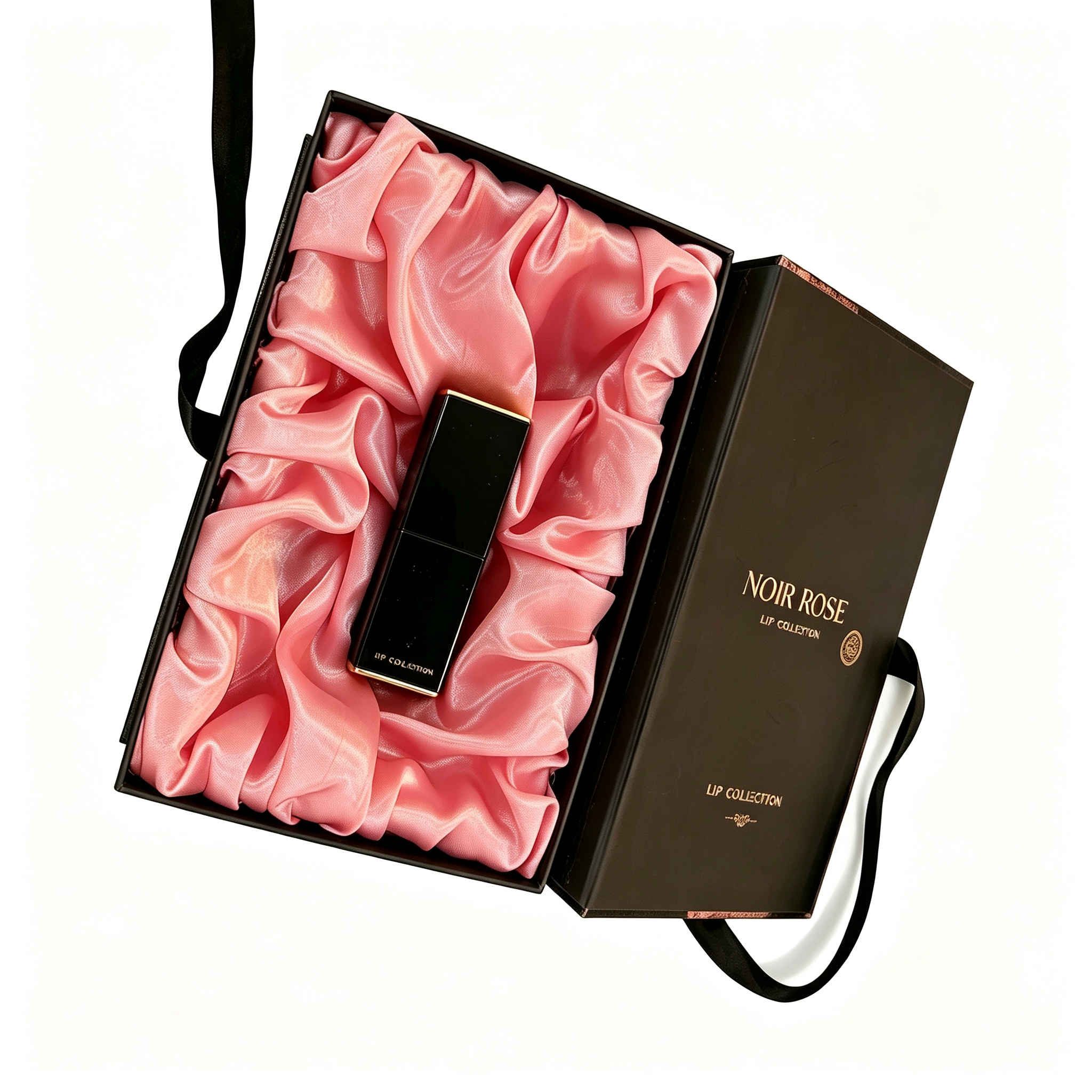 Ribbon flip-lid lipstick gift box with external black satin ribbon handle. Interior lined with pink ruched satin fabric for soft layered texture. Gold hot-stamped brand logo on box, simple luxury style for single cosmetic packaging.