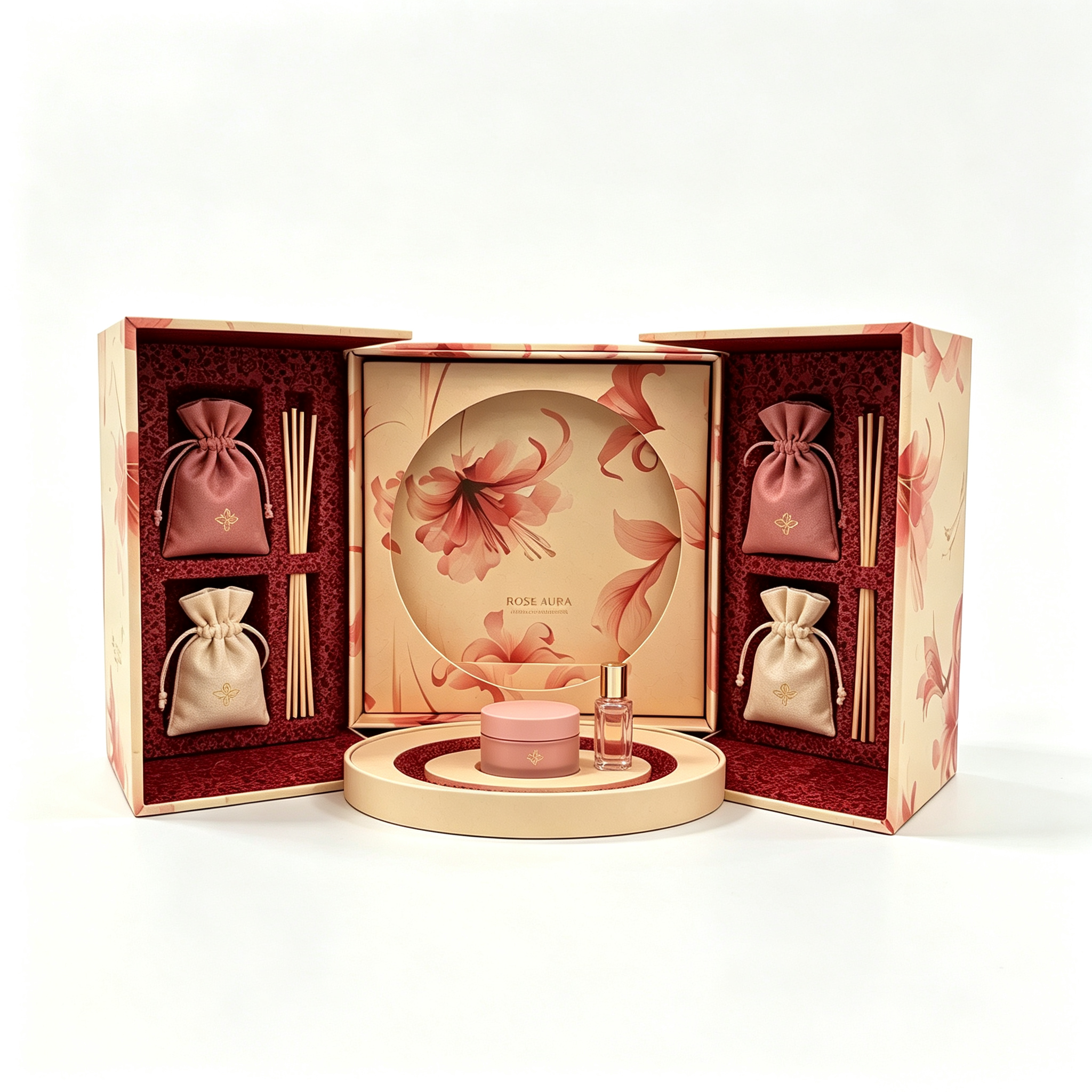 Double door rigid box for fragrance set. Compartment layout on both sides with a rotating round base, it can hold multiple fragrance accessories. Rich internal layout brings great layering effect.