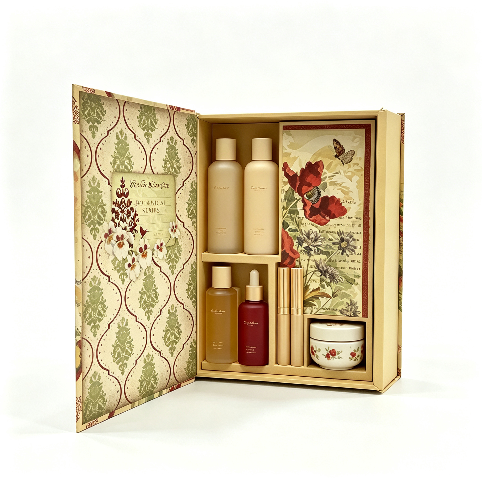 Vintage botanical book-shaped gift box. Multi-compartment insert holds various skincare and makeup items. Lined with European patterns and floral illustrations, it delivers strong artistic vibe, ideal for plant-based skincare collections.