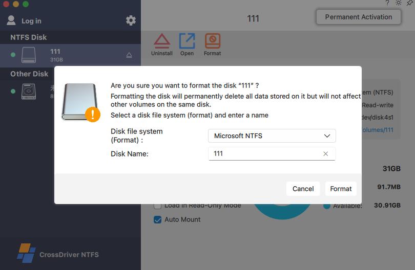 CrossDriver disk management view on macOS showing external storage controls