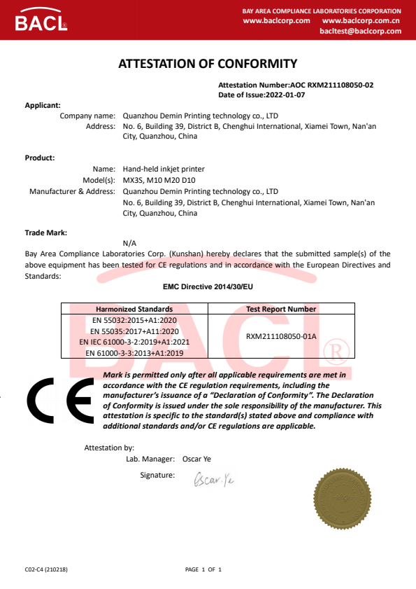 ATTESTATION OF CONFORMITY