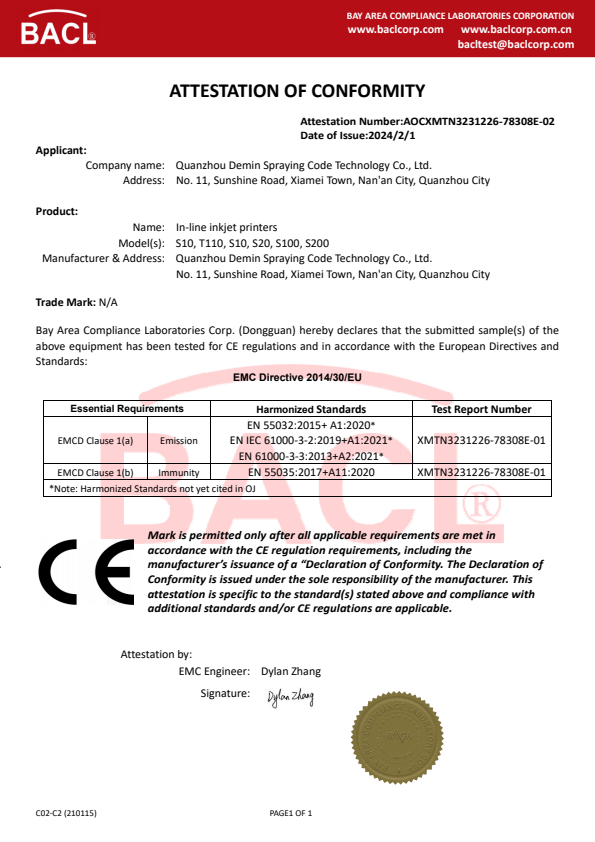 ATTESTATION OF CONFORMITY