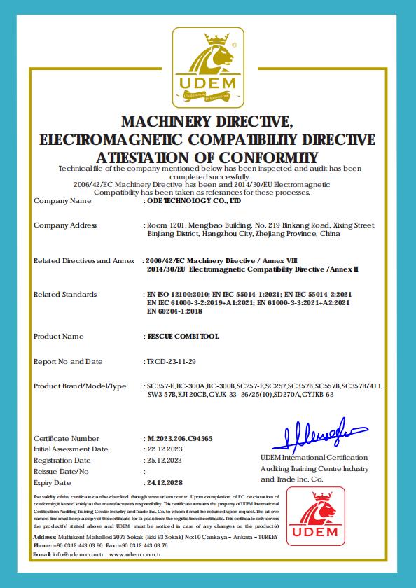 UDEM International Certification Machinery Directive and Electromagnetic Compatibility Directive attestation of conformity certificate number M.2023.206.C94565 issued to ODE Technology Co., Ltd for rescue combi tools