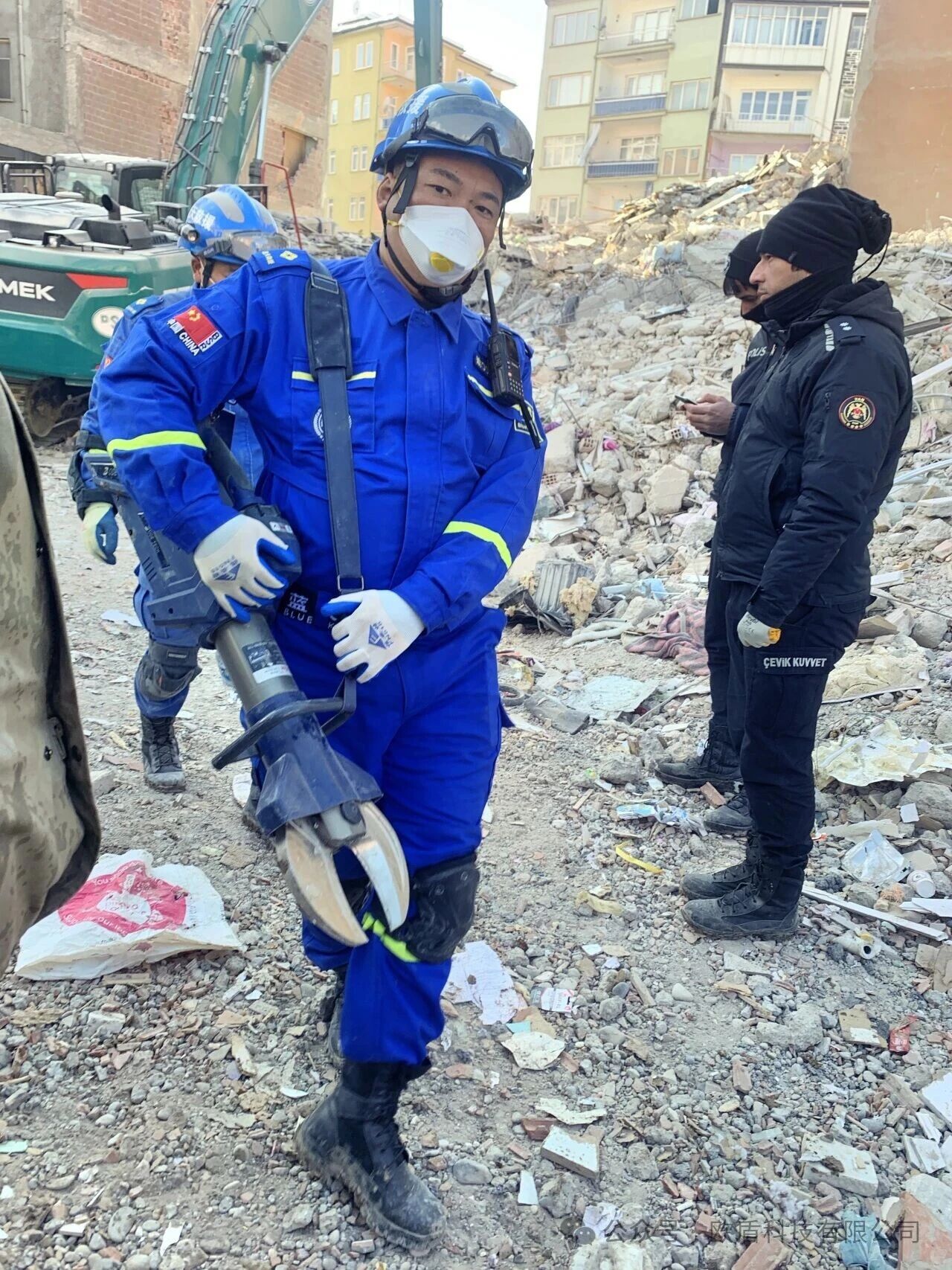 Electric hydraulic rescue cutting and spreading equipment deployed during earthquake response operations