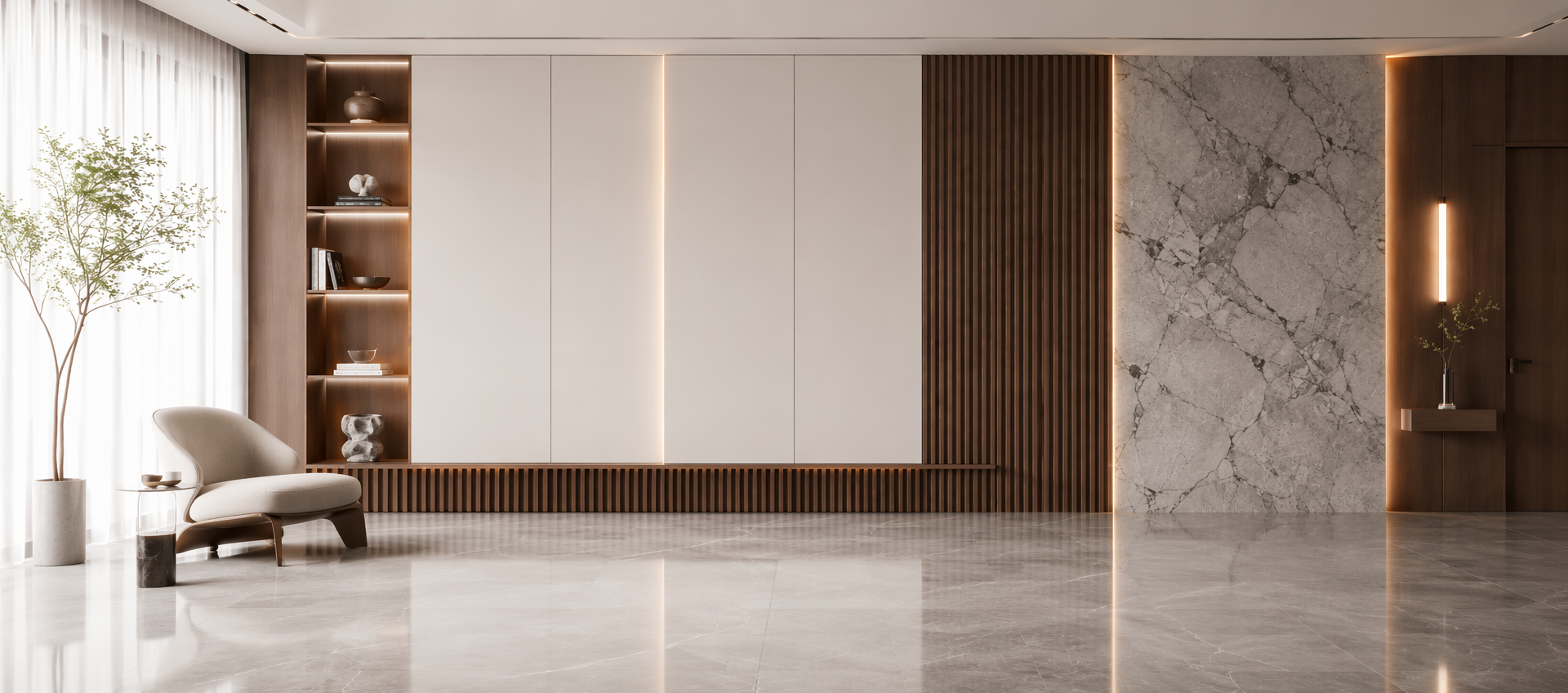 Modern luxury living room feature wall combining dark walnut fluted WPC slat panelling with flat cream wall panels and a marble-vein accent panel