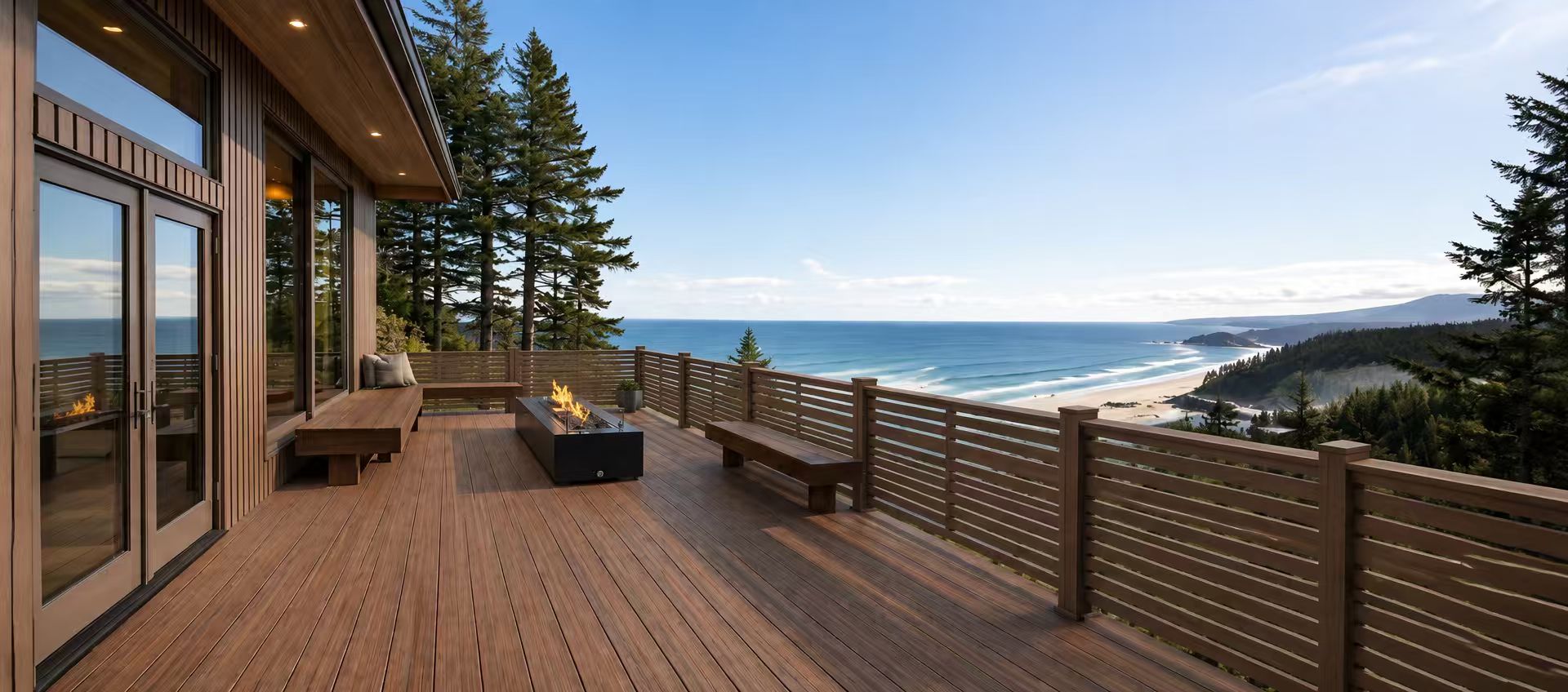 Outdoor WPC cladding, decking and slat railing systems on a coastal terrace