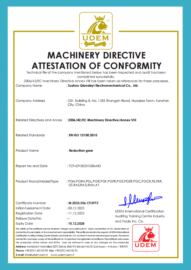 MACHINERY DIRECTIVE ATTESTATION OF CONFORMITY