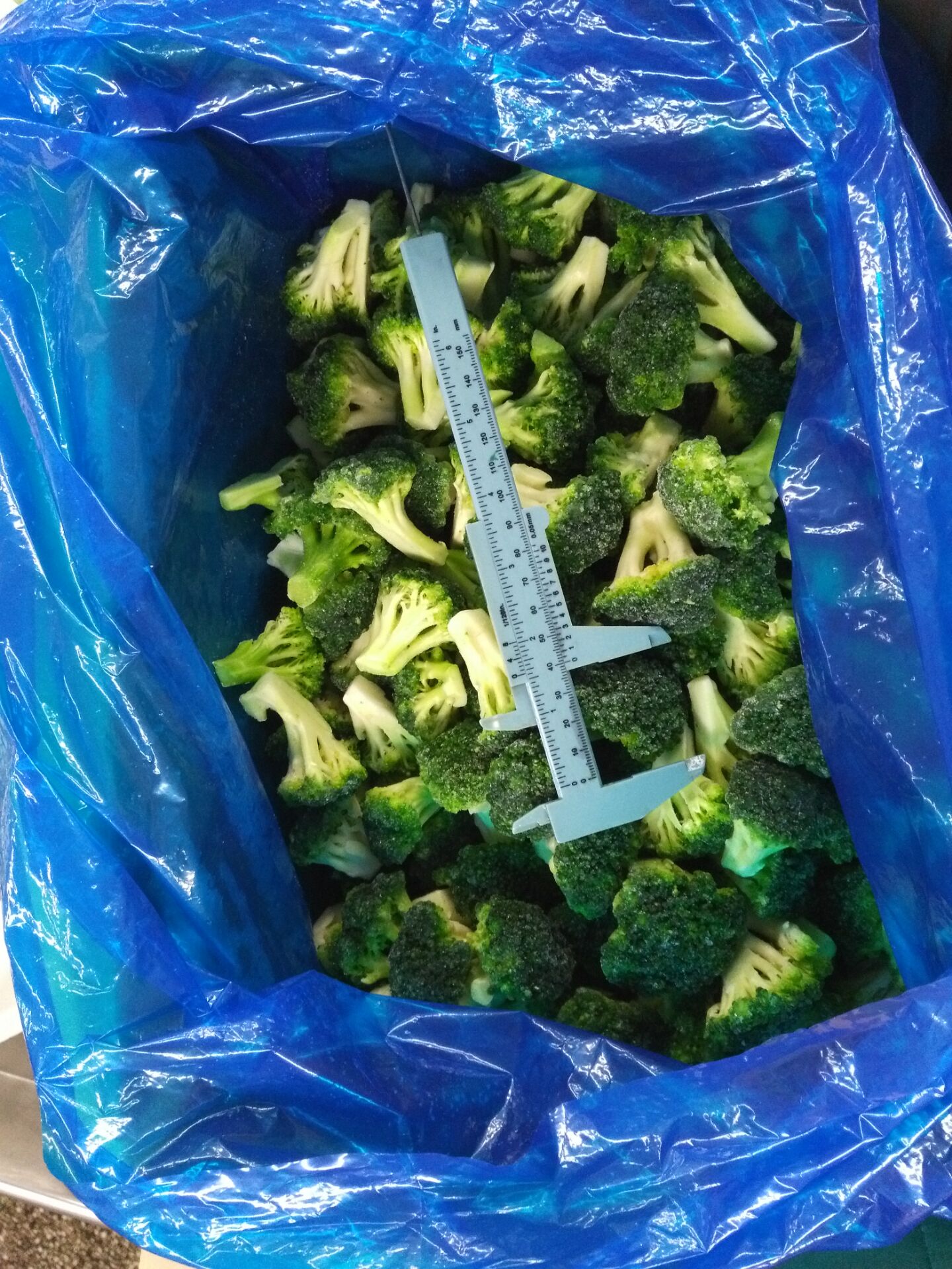 Size measurement of frozen broccoli florets against a specification range