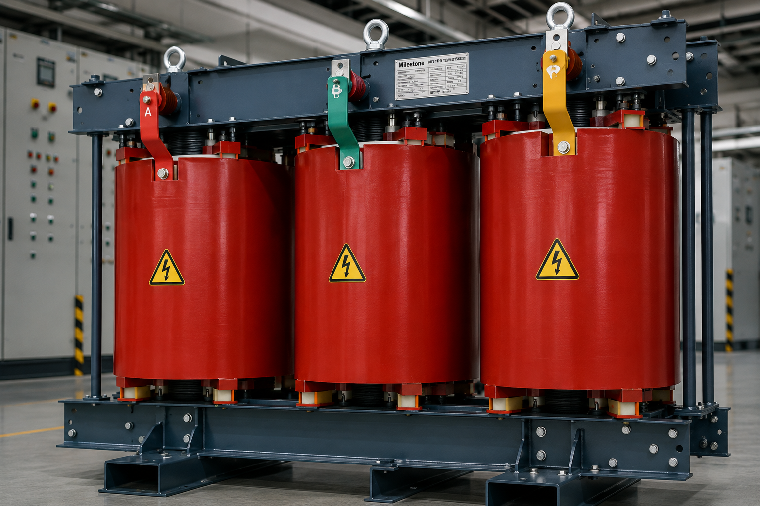 Cast resin dry-type distribution transformer with epoxy resin insulated windings for medium-voltage electrical distribution systems. Manufactured for industrial and commercial power applications, with options for rated capacity, primary and secondary voltage, winding materials, enclosure protection, and cooling configurations according to project specifications.
