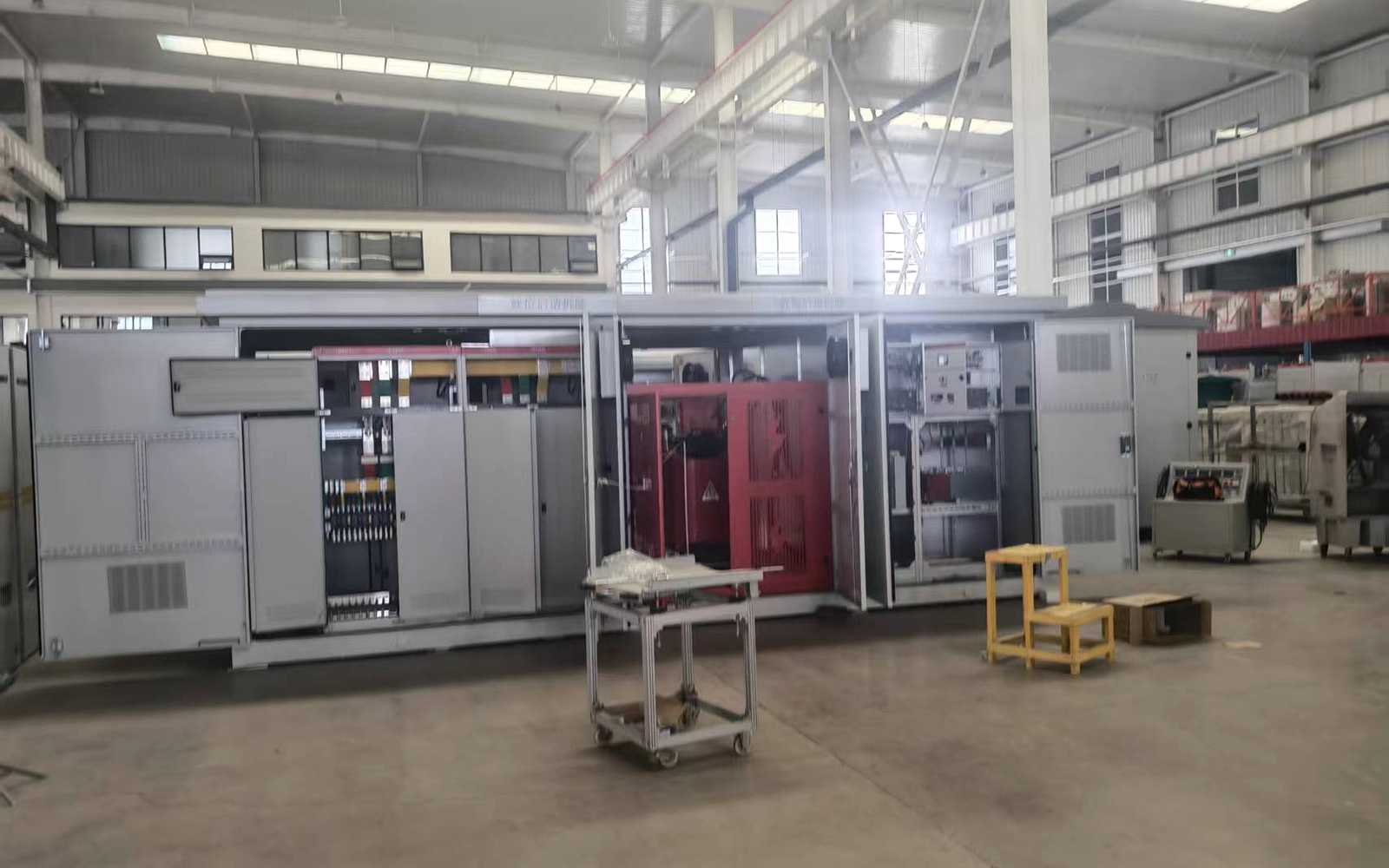 Compact substation assembly workshop at Milestone Electrical, where transformers, medium-voltage switchgear, low-voltage distribution panels, and internal electrical connections are integrated into prefabricated substation enclosures. Factory assembly accommodates different electrical layouts, equipment configurations, and project-specific requirements for OEM and customized power distribution solutions.