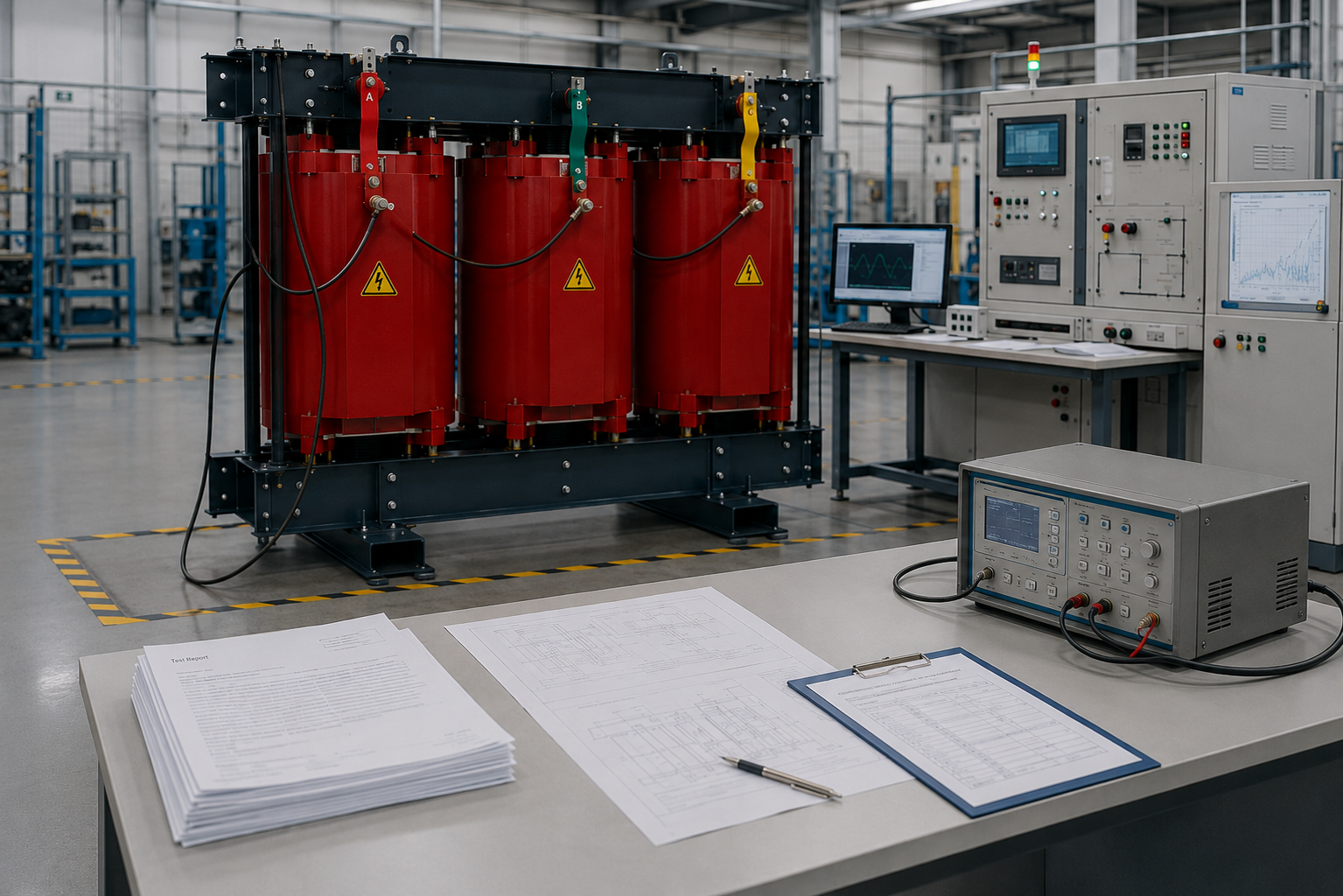 Dry-type transformer factory testing area at Milestone Electrical, equipped for electrical inspection and quality control during transformer production. Testing facilities are used to verify electrical characteristics and check completed transformers against applicable technical specifications before shipment to industrial and utility customers.