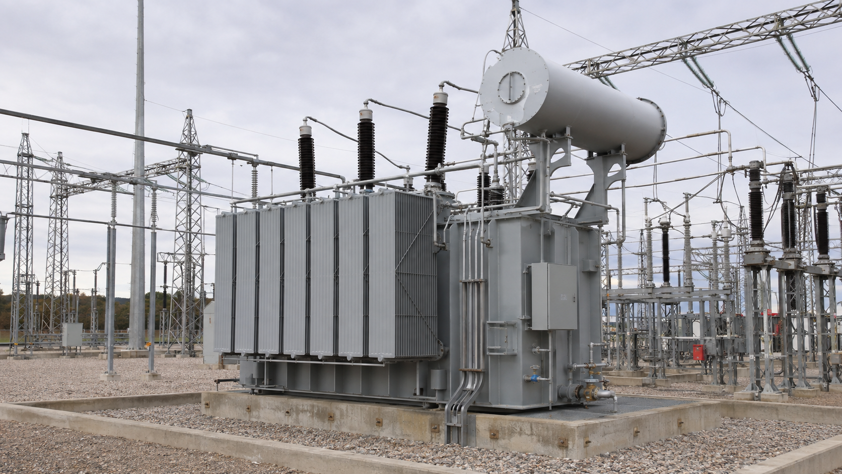 High-voltage oil-immersed power transformer operating in an outdoor electrical substation. Equipped with high-voltage bushings, cooling radiators, and transformer protection accessories, this type of equipment is used for voltage transformation in utility substations, industrial power networks, and high-voltage electricity transmission systems.