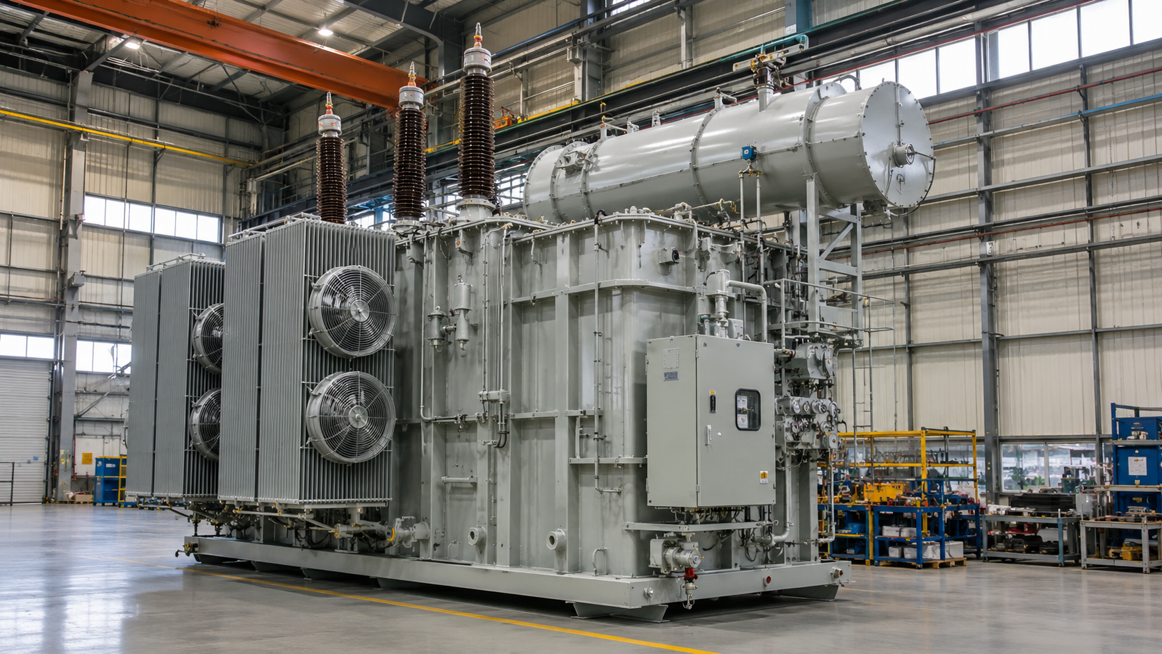 Large oil-immersed power transformer under assembly at Milestone Electrical's manufacturing workshop. Production work includes transformer core and winding assembly, insulation installation, tank fitting, and preparation for final testing. Power transformers are manufactured to meet different voltage ratings, capacities, cooling requirements, and substation project specifications.