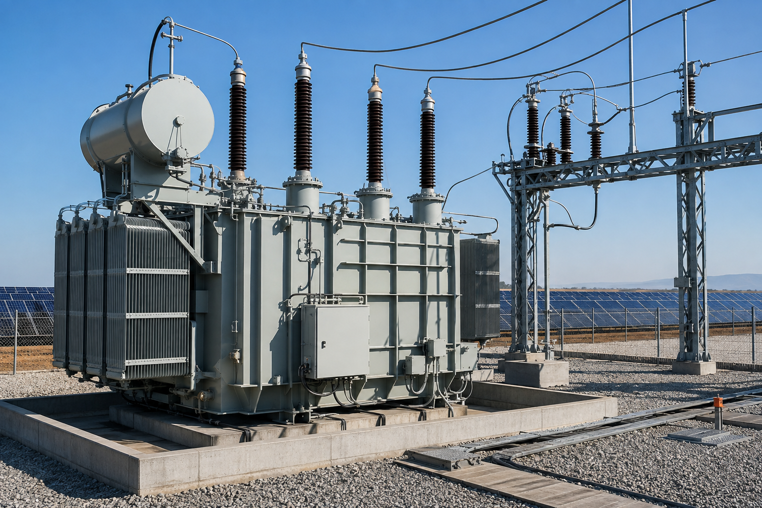 Step-up power transformer installed at a solar power plant substation, raising the voltage of electricity generated by photovoltaic systems for connection to the transmission or distribution grid. Solar step-up transformers are selected according to plant capacity, inverter output voltage, grid connection voltage, and project operating conditions.