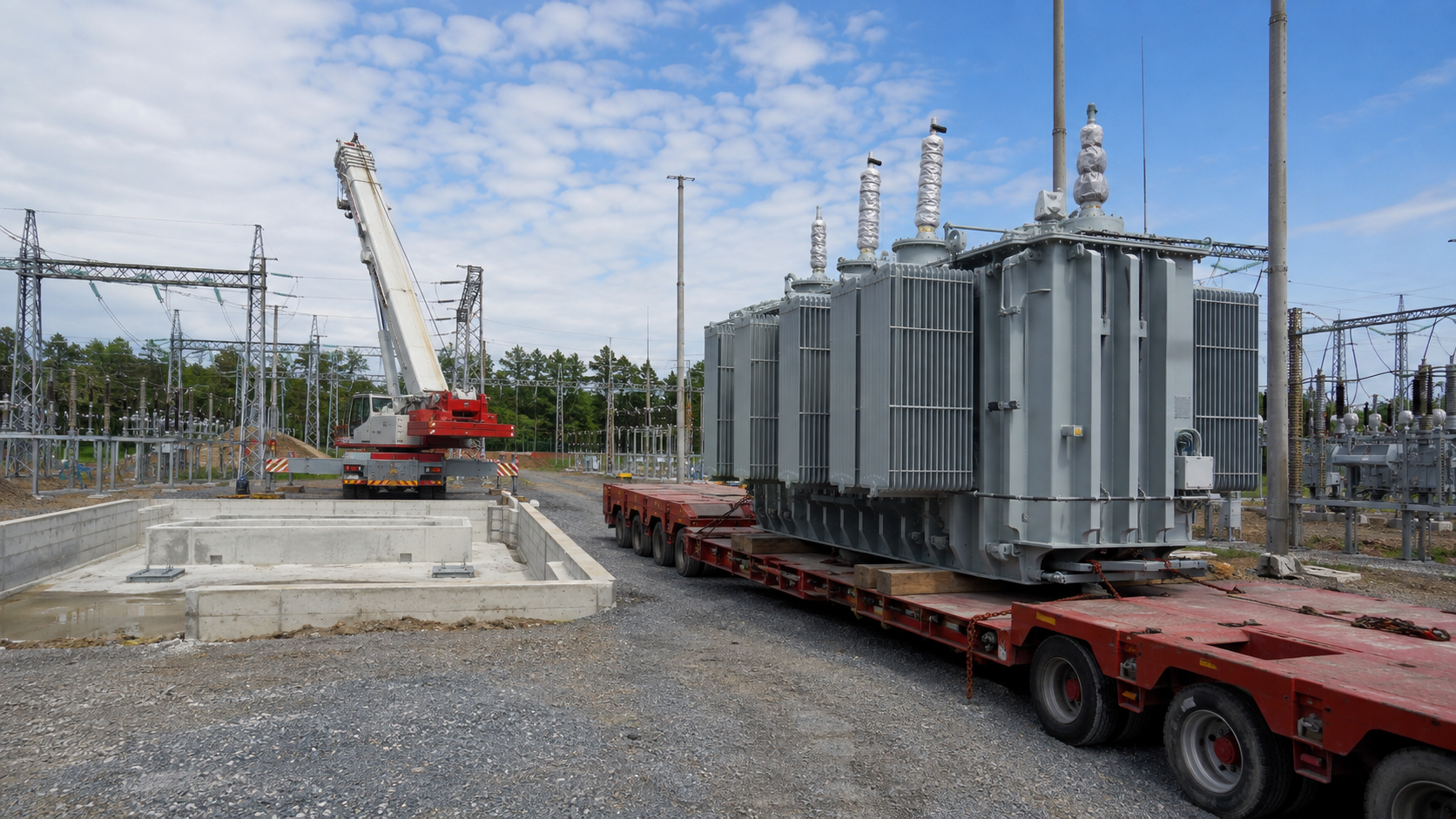Utility power transformer installed at an electrical substation as part of a power transmission and distribution network. Large power transformers are used for voltage conversion between grid levels, with site installation involving transformer positioning, high-voltage connections, grounding, and integration with substation equipment.
