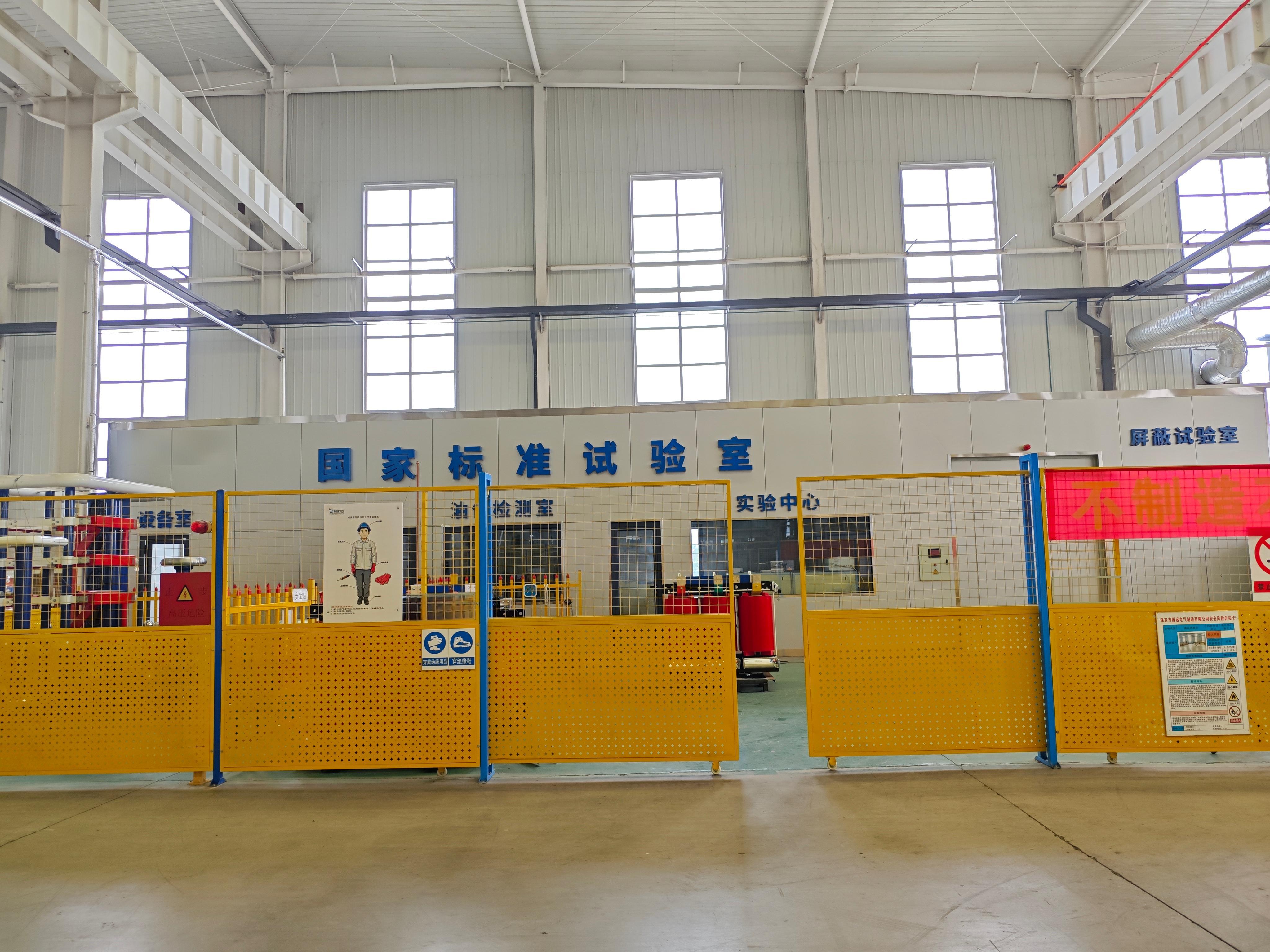 Electrical testing workshop for dry-type transformers, oil-immersed transformers, and prefabricated substations. The testing area is used for factory inspections, routine electrical tests, and factory acceptance testing (FAT) before equipment delivery.