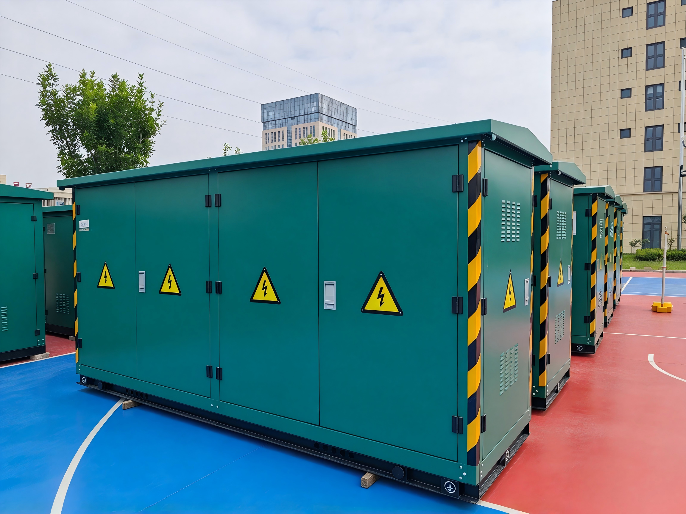 Finished prefabricated compact substations arranged in the factory storage area at Milestone Electrical. Completed substation units are stored before final handling and delivery, with different enclosure sizes and equipment configurations available according to customer orders and power distribution project requirements.