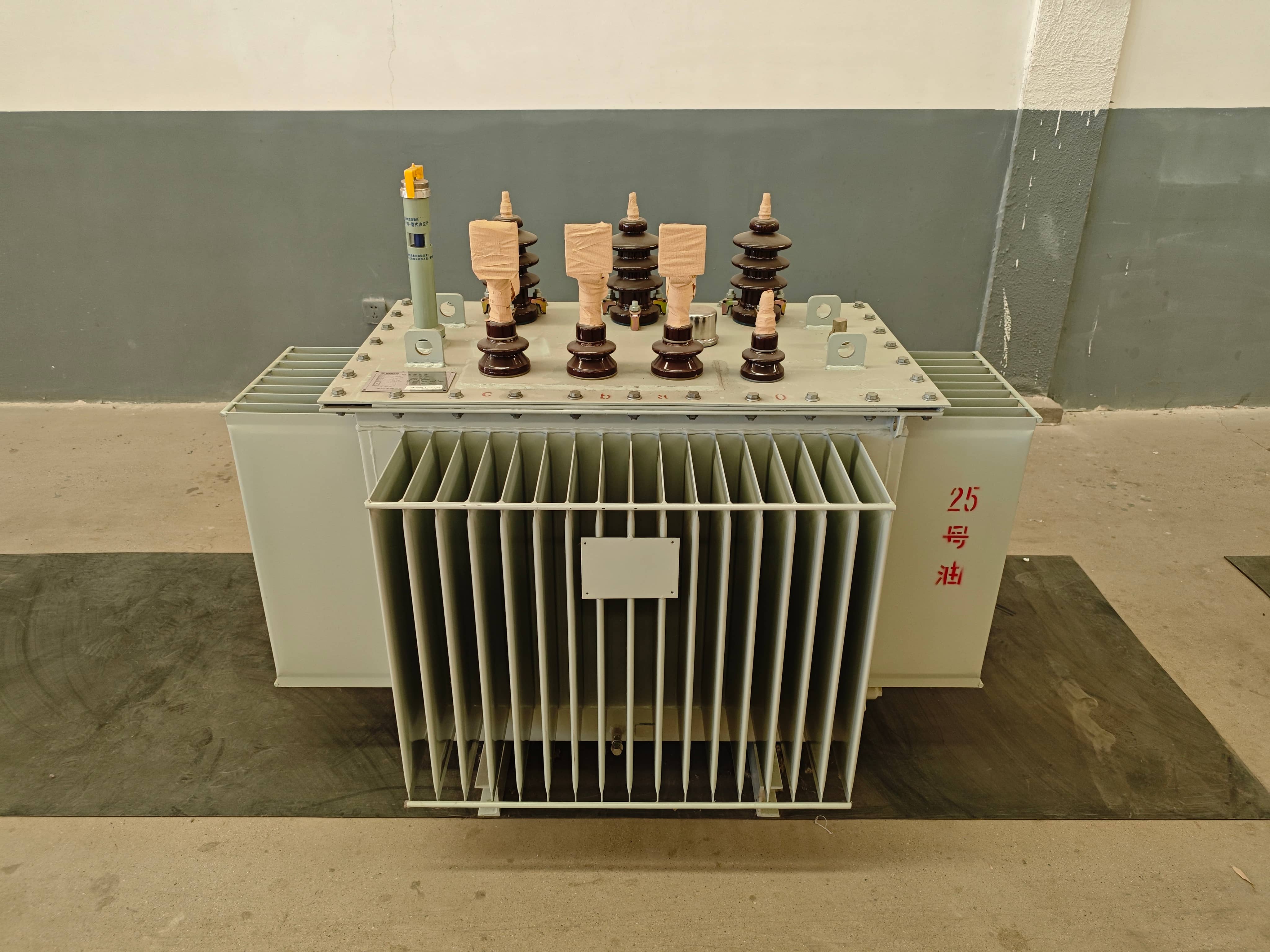 Low-voltage side view of an oil-immersed distribution transformer, showing the transformer tank, low-voltage bushings, electrical terminals, and external connection arrangement. These components provide the connection interface between the transformer and low-voltage distribution equipment in industrial and commercial electrical systems.
