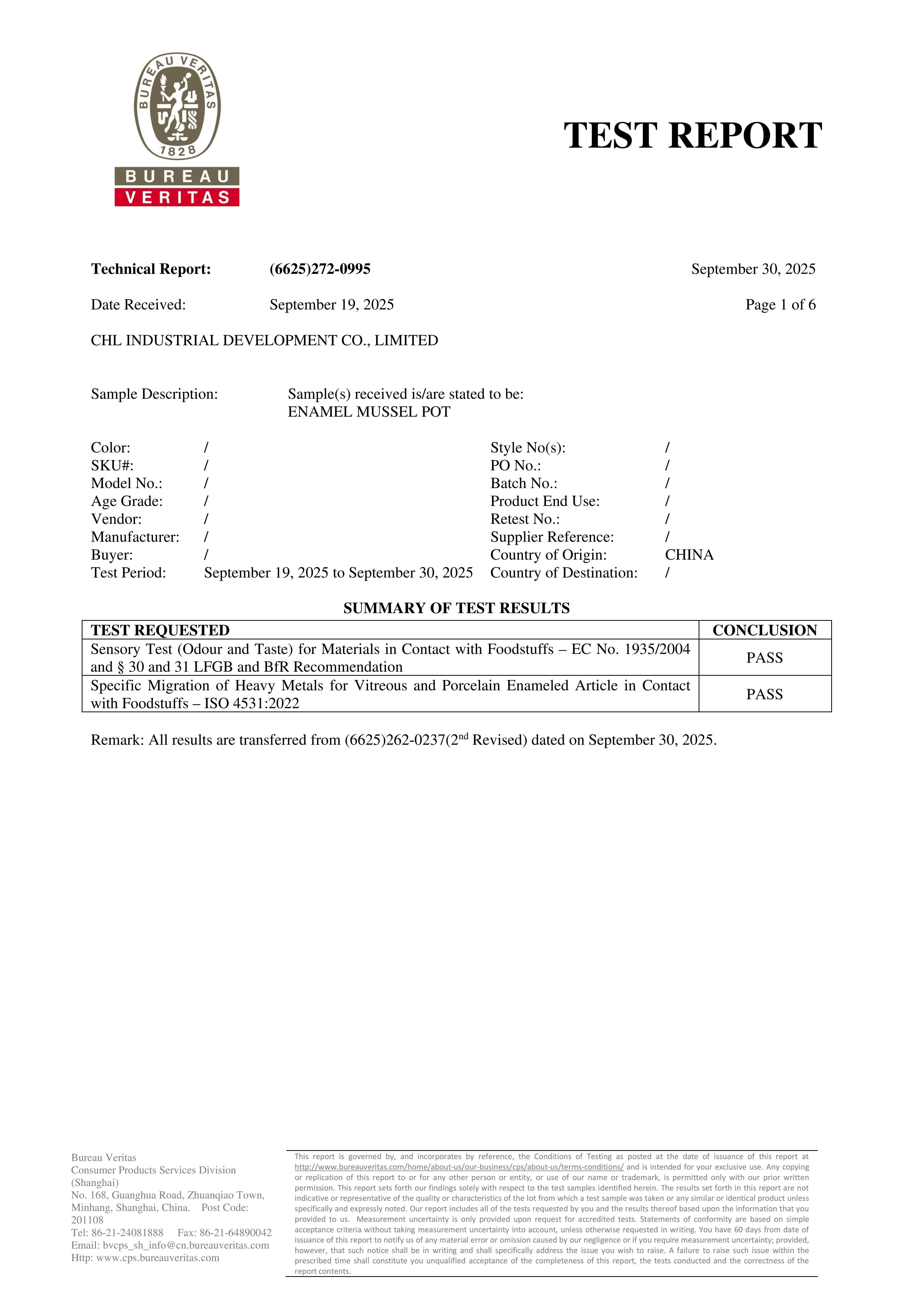BV Food Contact Test Report