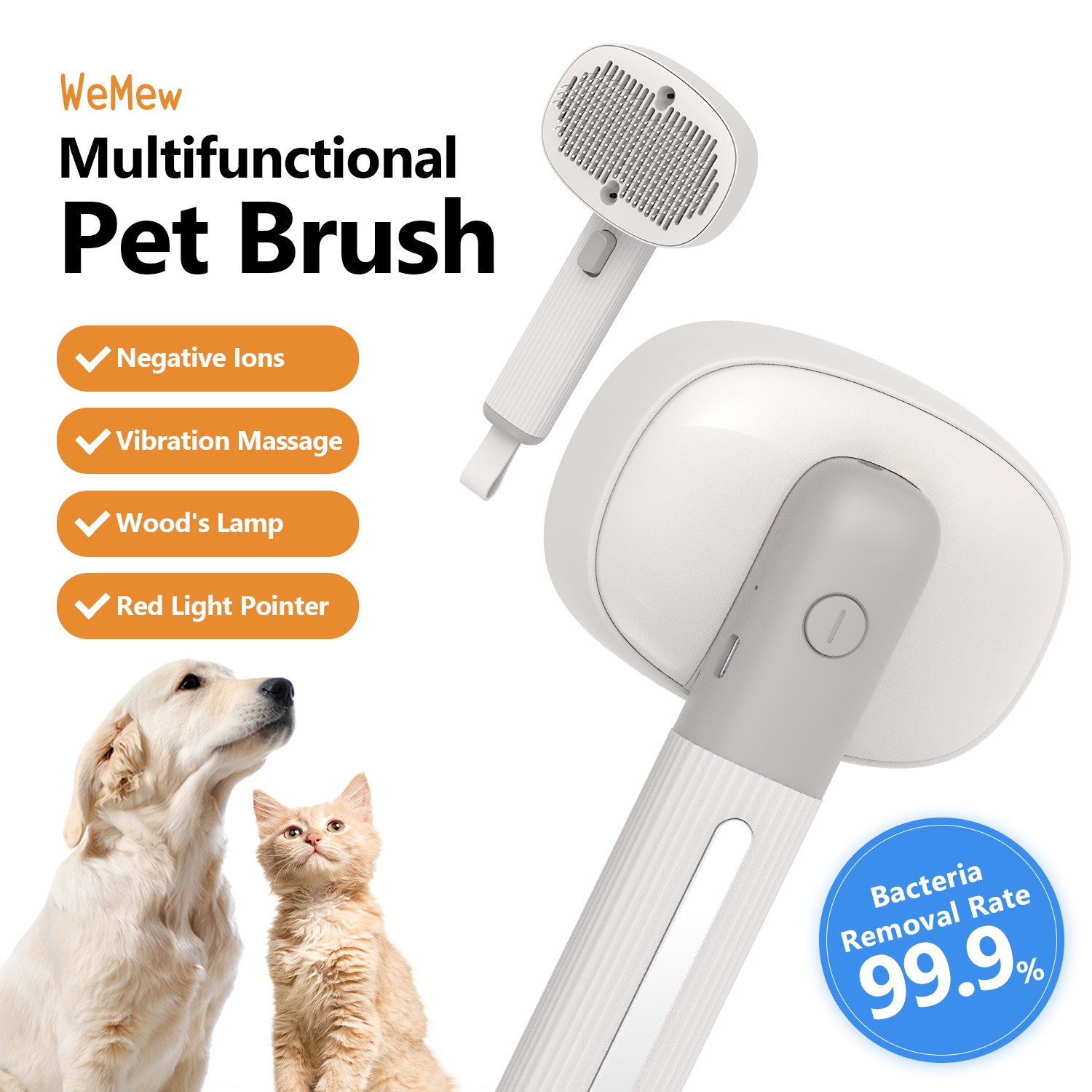 WeMew Self Cleaning Grooming 4 in 1 Multifunctional Pet Brush for Dogs and Cats  (with Negative Ion, Vibration Massage, UVA Wood's Lamp, Red Light Laser Pointer)